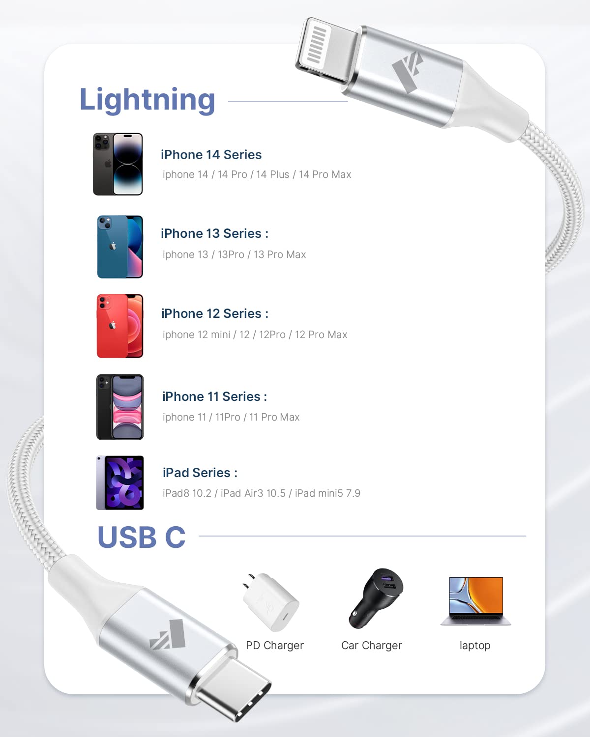 Usb C To Lightning Cable 2Pack 10Ft, Power Charger Cable Mfi Certified Extra Long Braided Charging Cord For Iphone 14 13 12 11Pr