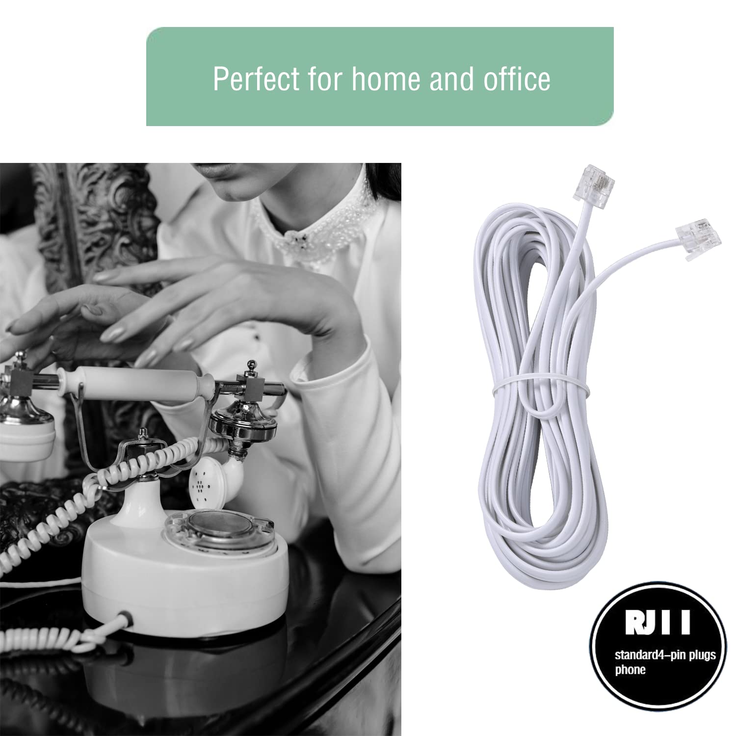 Lansensu 15 Feet Telephone Landline Extension Cord Cable Cord With Standard Rj 11 6P4C Plug (White 15 Ft, 2Pack)