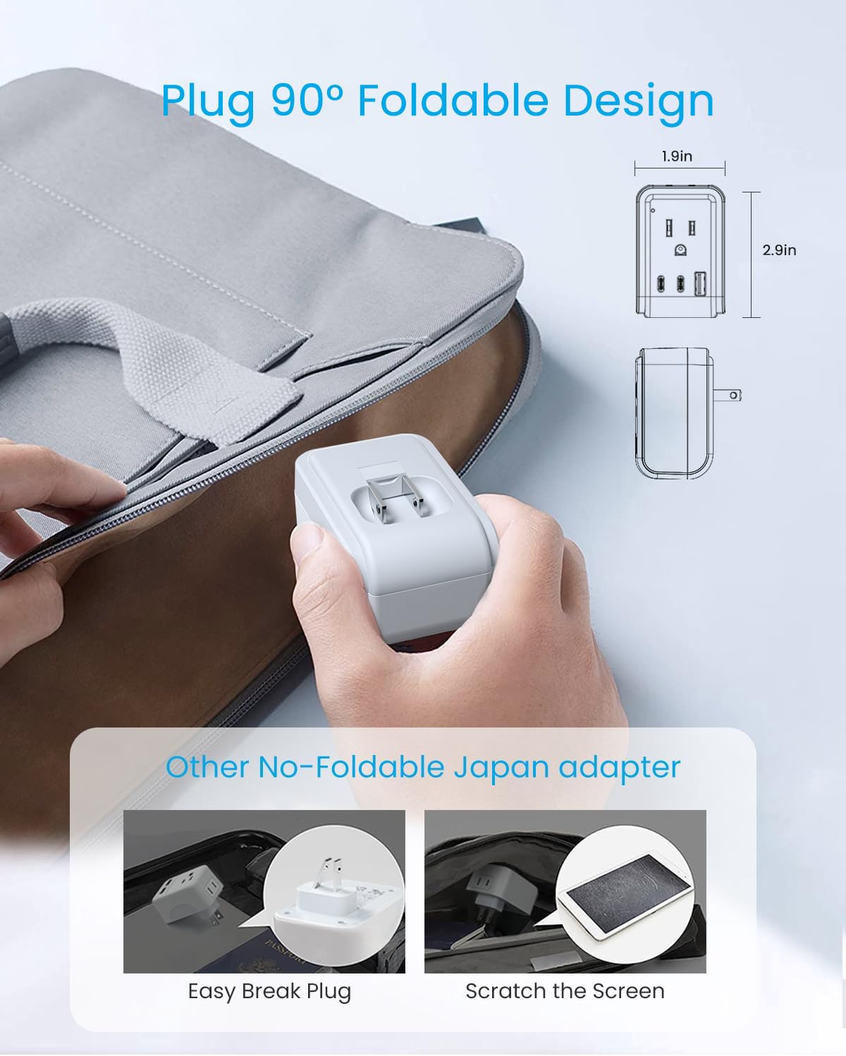 1 Pack Us To Japan Plug Adapter, Vintar Foldable Japan Travel Adapter With 2 Outlets And 3 Usb Ports(2 Usb C), 2 Prong To 3 Pron