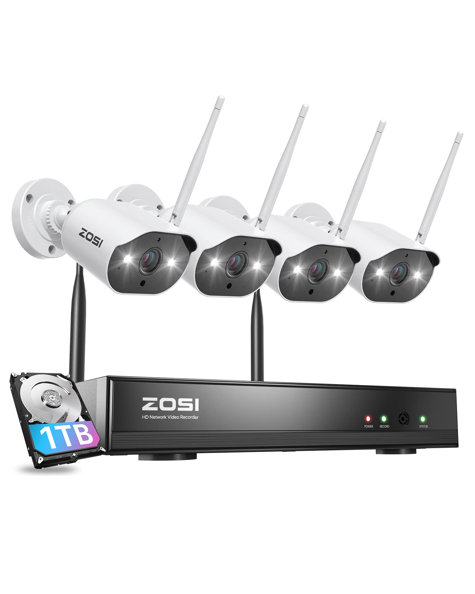 ZOSI 2K Wireless Security Camera System,2K H.265+ 8CH NVR with 1TB Hard Drive,4pcs 3MP WiFi Surveillance Cameras Indoor Outdoor,