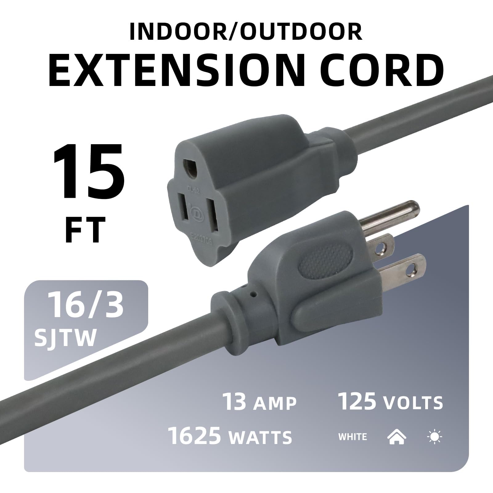 Ep 15 Ft Outdoor Extension Cord   16/3 Sjtw Gray Electrical Cable With 3 Prong Grounded Plug, Ul Listed
