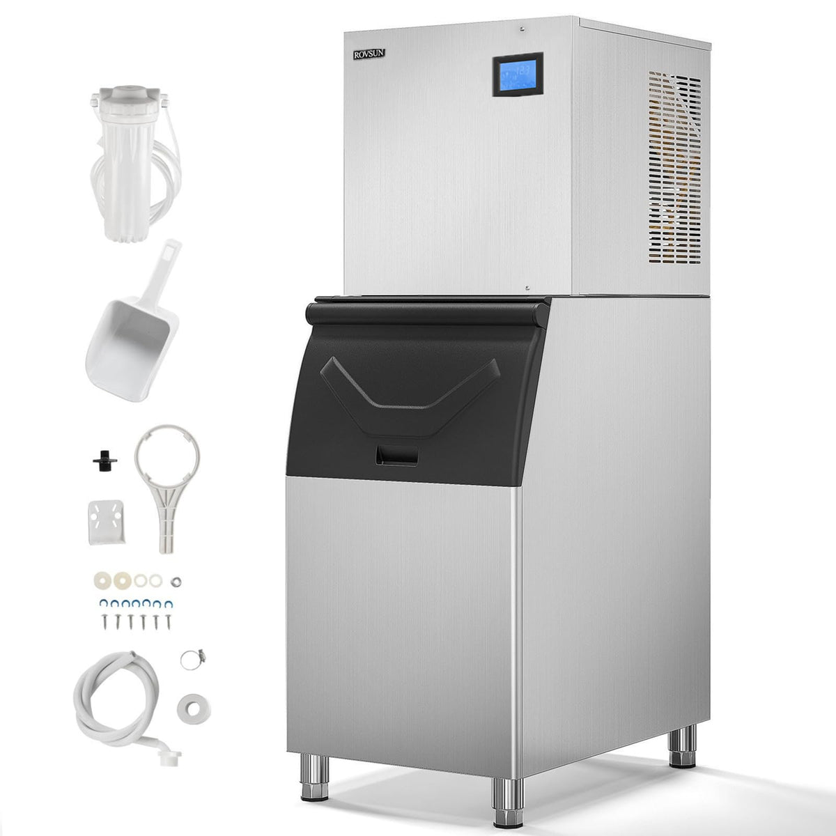 Rovsun Commercial Ice Maker, 550Lbs/24H Smart Lcd Panel Commercial Ice Machine With 300Lbs Storage For Restaurant Bar Store Bar 