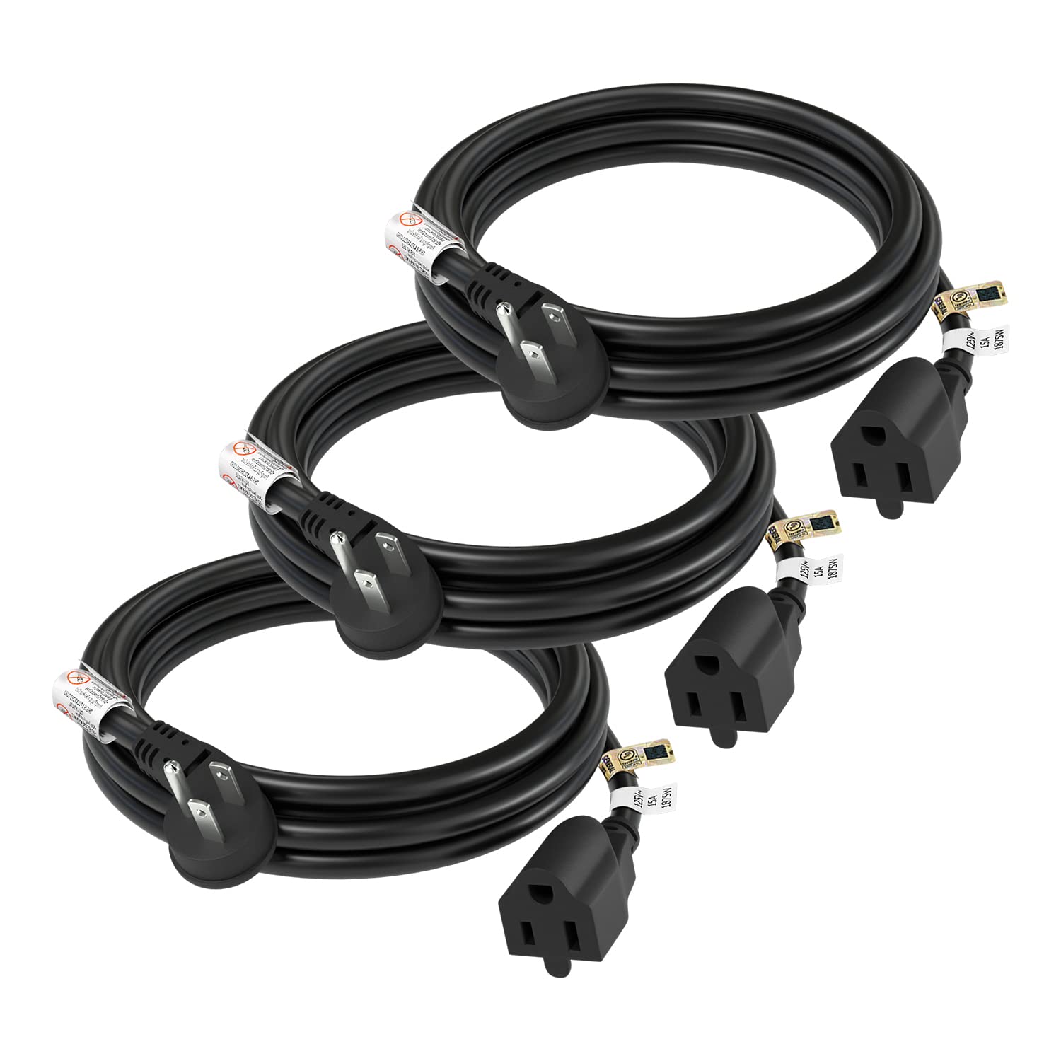 Firmerst 1875W Flat Plug Extension Cord 6 Feet 14 Awg 15A Black, Pack Of 3