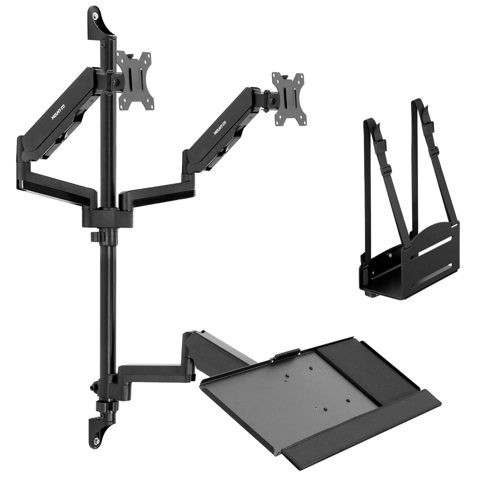 Mount It! Wall Mount Workstation with Dual Monitor Mount, Keyboard Tray and CPU Holder, Height Adjustable Full Motion Arms, Fits Two 32 Inch Computer Screens