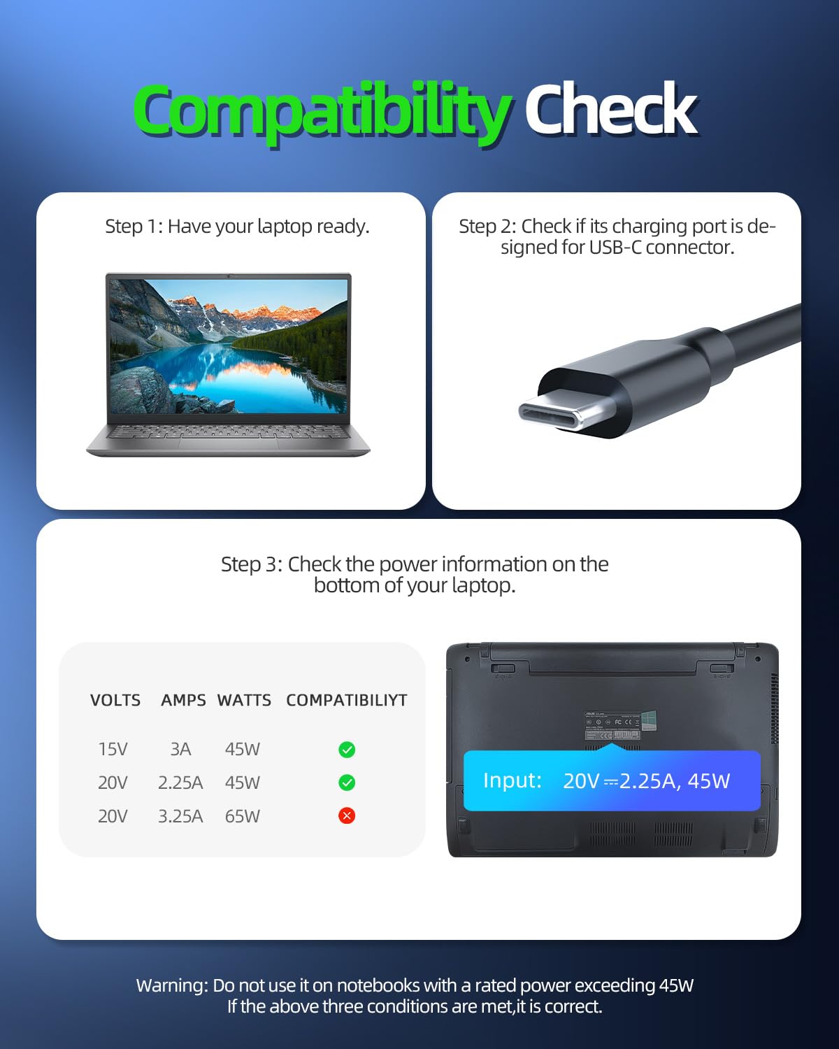 Charger Fit For Lenovo Chromebook 100E 300E 500E C330 S330 (Safety Certified By Ul) Usb C Power Connector 45W