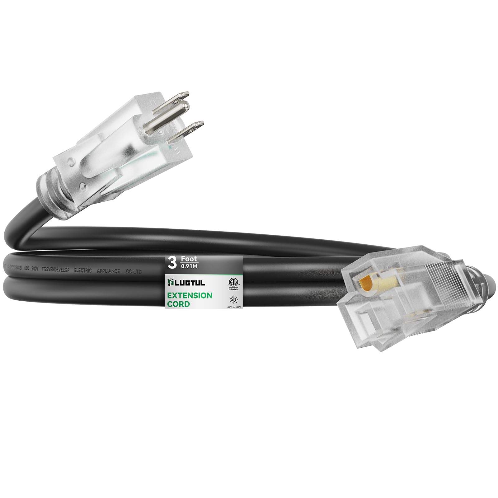 Plugtul Outdoor Extension Cord 3Ft, 12 Gauge Extension Cord With Lighted End, Heavy Duty,15A 1875W Sjtw, Etl Listed, Great For G