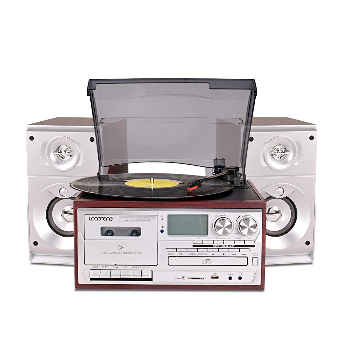 Looptone Vinyl Record Player With Dual 15W External Speakers 9 In 1 3 Speed Bluetooth Vintage Turntable Cd Cassette Player Am/Fm