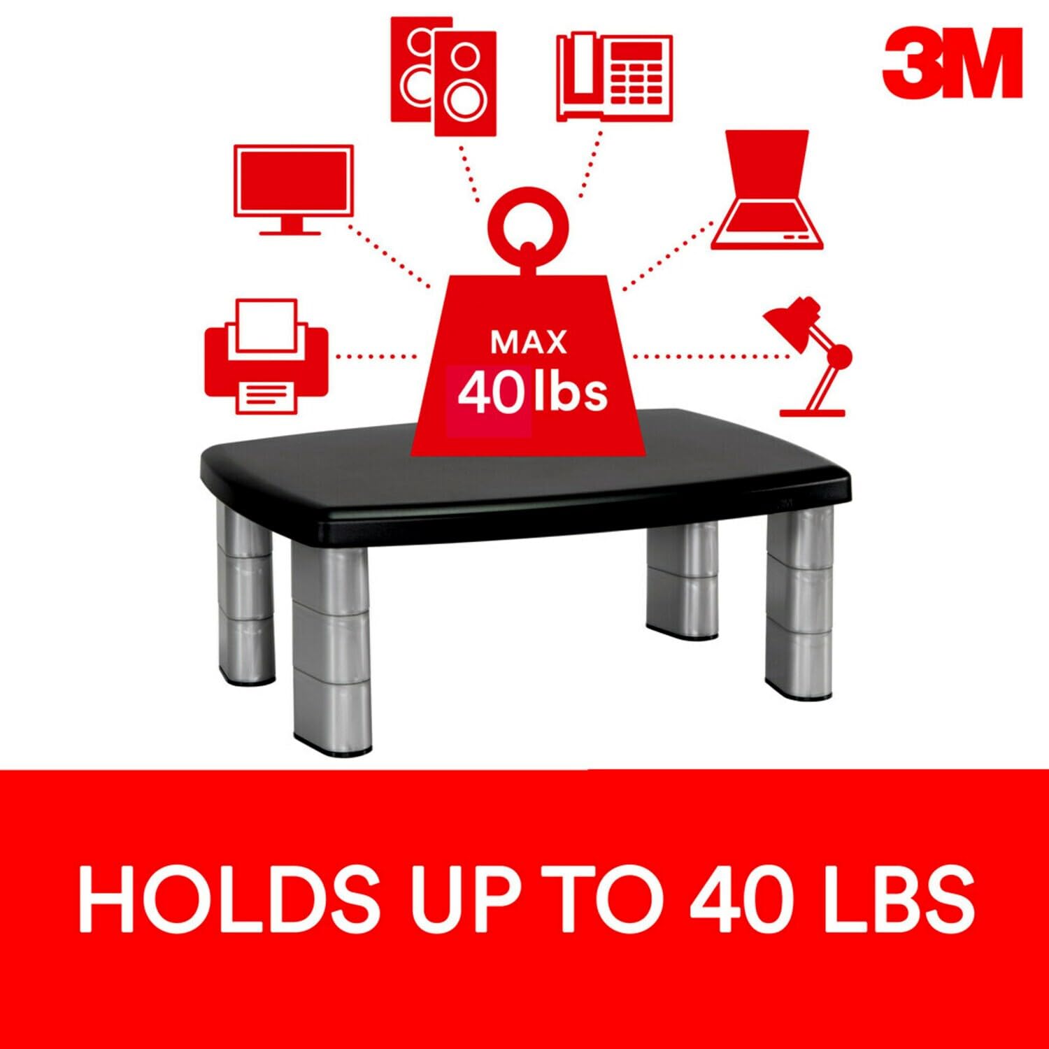 3M Extra Wide Adjustable Monitor Stand, Three Leg Segments Simply Adjust Height From 1'' To 5 7/8'', Sturdy Platform Holds Up To