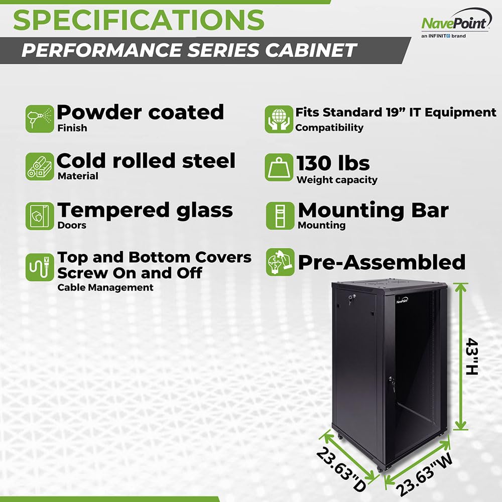 Navepoint 22U Server Cabinet Wall Mount Rack Enclosure With Caster Wheels, 2 Fans, Locking Glass Door, Removable Side Panels   2