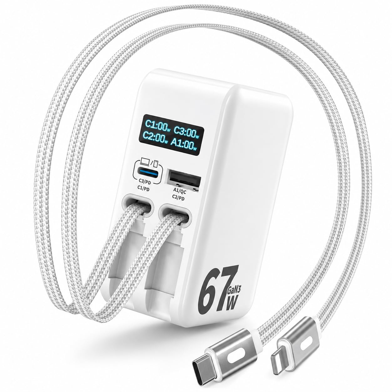 Jasput 67W Retractable USB C Wall Charger, 4in1 GaN Charger Block with 3.3ft Builtin USB C & USB L Cables, LED Display, Folda