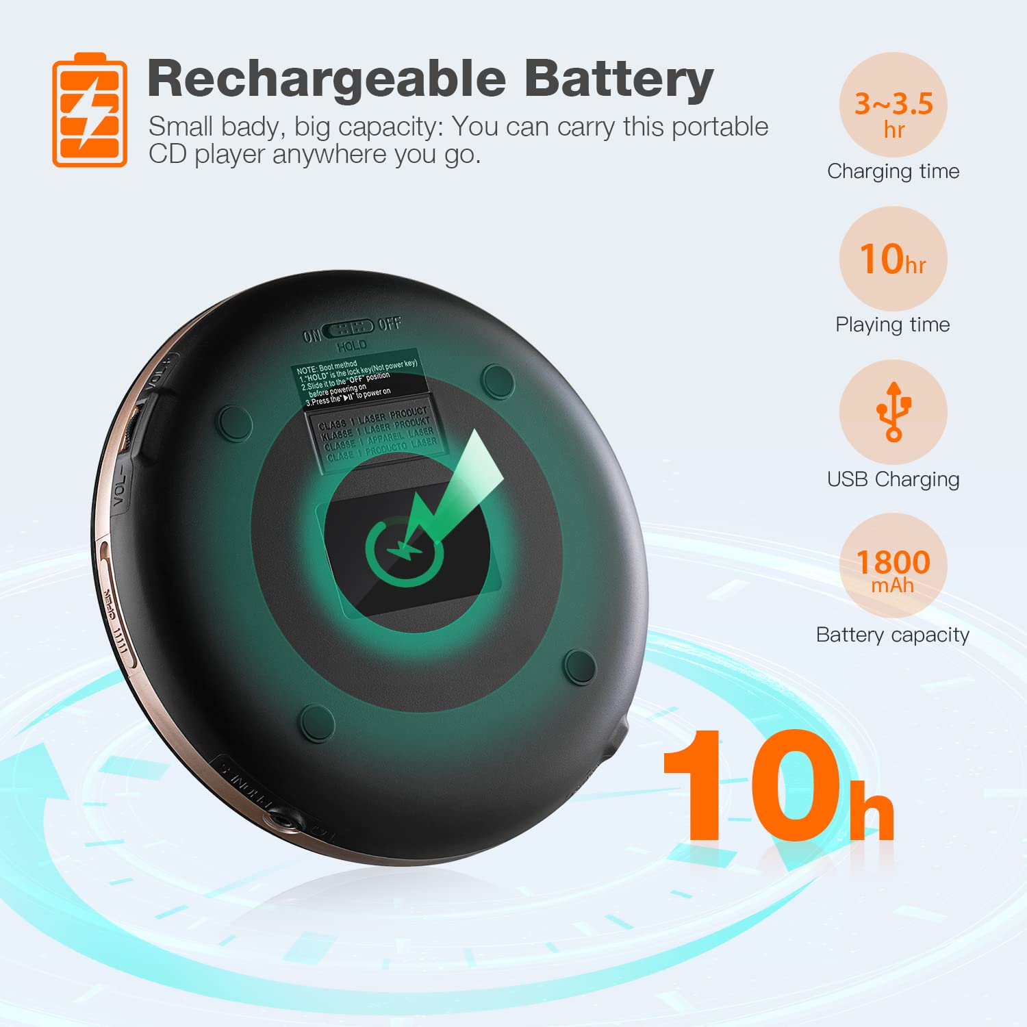 Hott Cd711T Bluetooth Rechargeable Portable Cd Player For Home Travel And Car With Stereo Headphones And, Anti Shock Protection