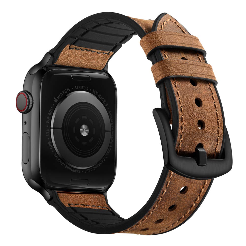 Ouheng Compatible With Apple Watch Band 49Mm 45Mm 44Mm 42Mm, Sweatproof Genuine Leather And Rubber Hybrid Band Strap For Iwatch