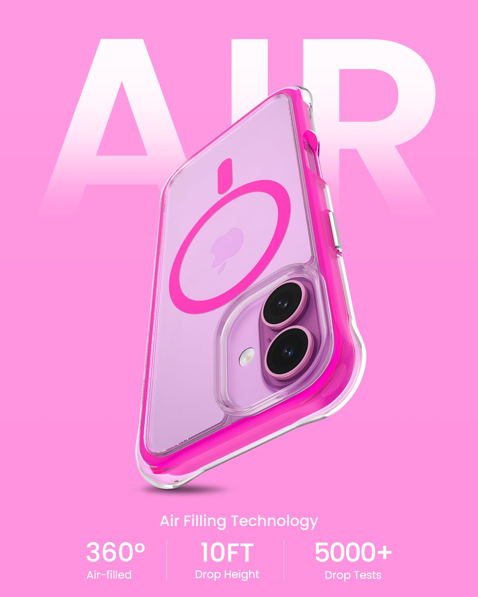 Ornarto Air Case For Iphone 16 Clear, Compatible With Magsafe, Military Grade Drop Protection Cover With Built In Air Hot Pink