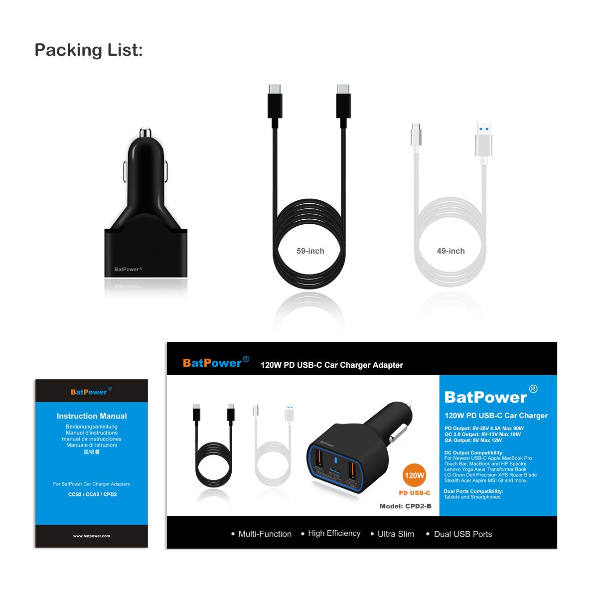 Batpower High Power Delivery 120W Pd Laptop Car Charger Compatible With New Surface Book 3 2 Laptop 4 3 Pro 8 X 7 Usb-C Hp Razer