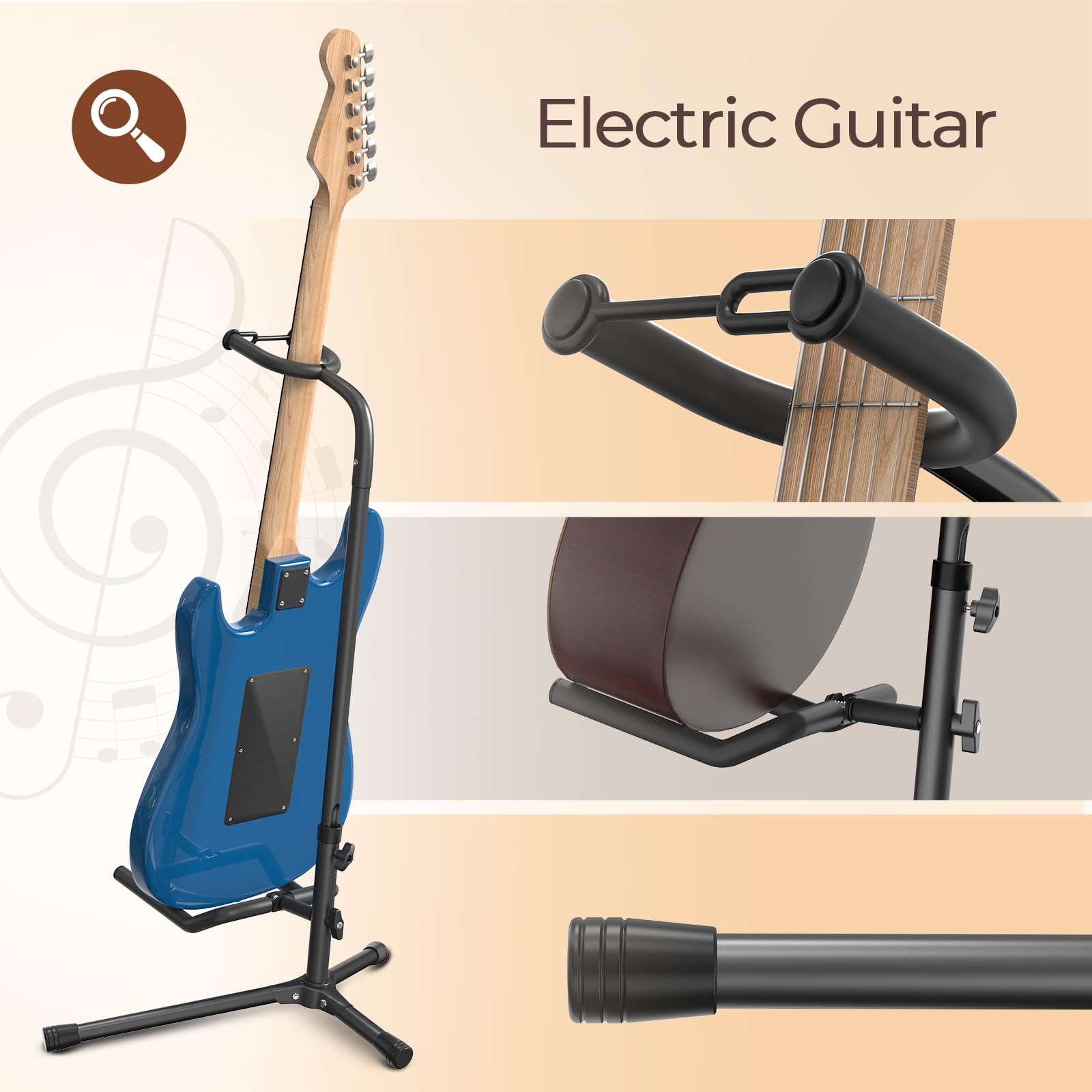 Gleam Guitar Stand - Adjustable Fit Electric, Classical Guitars And Bass, Load Capacity 20Lb, Accessories, Folding Type Black (C