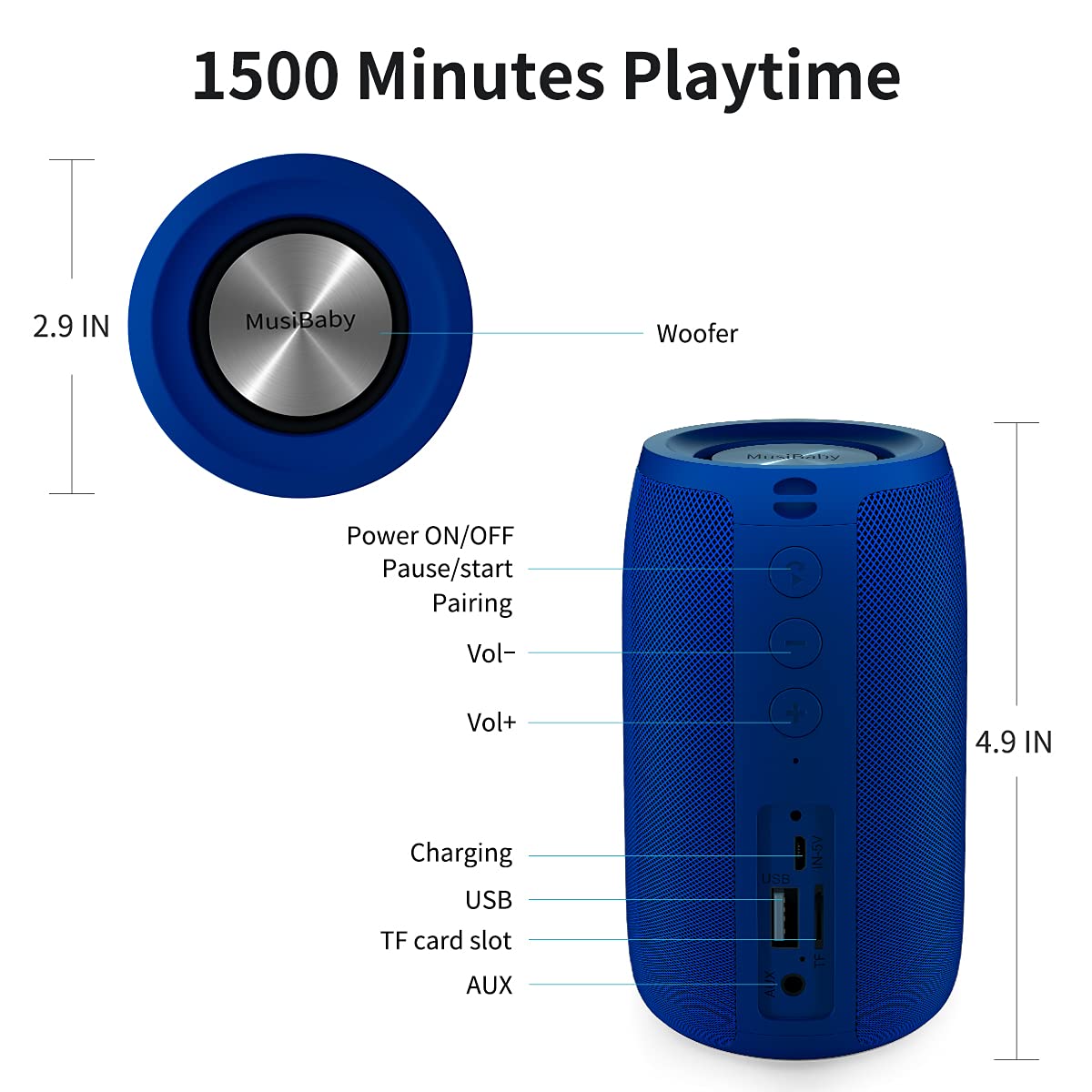 Bluetooth Speaker,Musibaby Speaker,Outdoor, Portable,Waterproof, Speakers Bluetooth Wireless,Dual Pairing, Bluetooth 5.0,Loud Stereo,Booming Bass,1500 Mins Playtime For Home&Party Speaker Gifts(Blue)