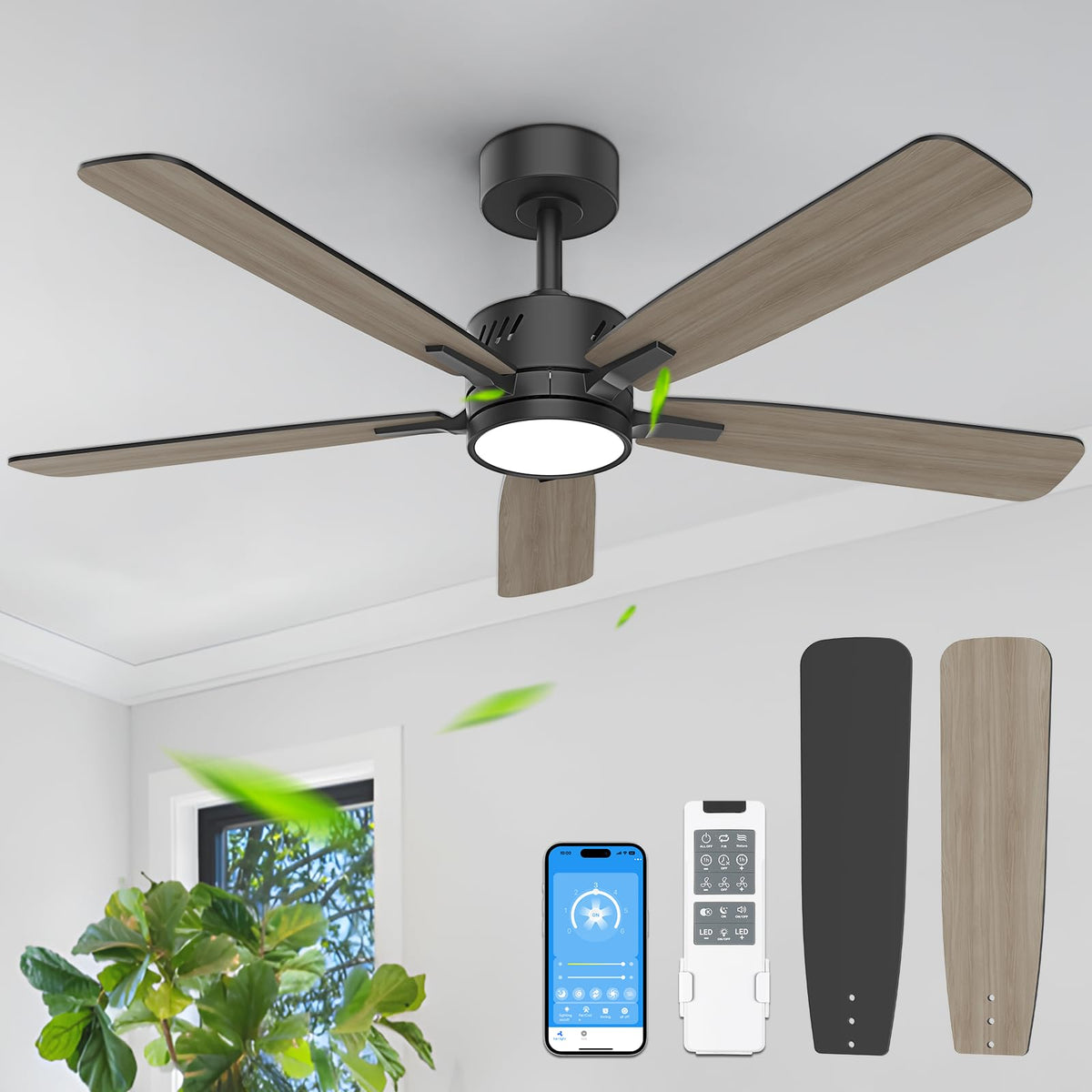 Jofios Ceiling Fans With Lights,48 Inch Ceiling Fan With Light And Remote,Reversible,3Cct,6 Speeds,Dimmable,Noiseless,Black Ceil