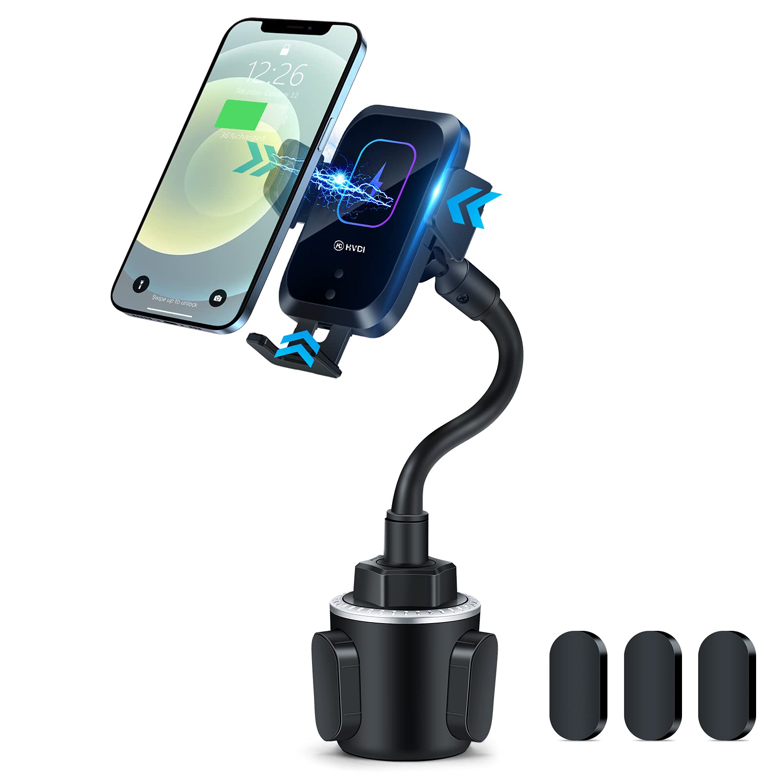 Piosoo Wireless Car Charger Cup Holder Phone Mount,Automatic Infrared Smart Sensor Clamping Qi 15W Fast Universal Adjustable Cel