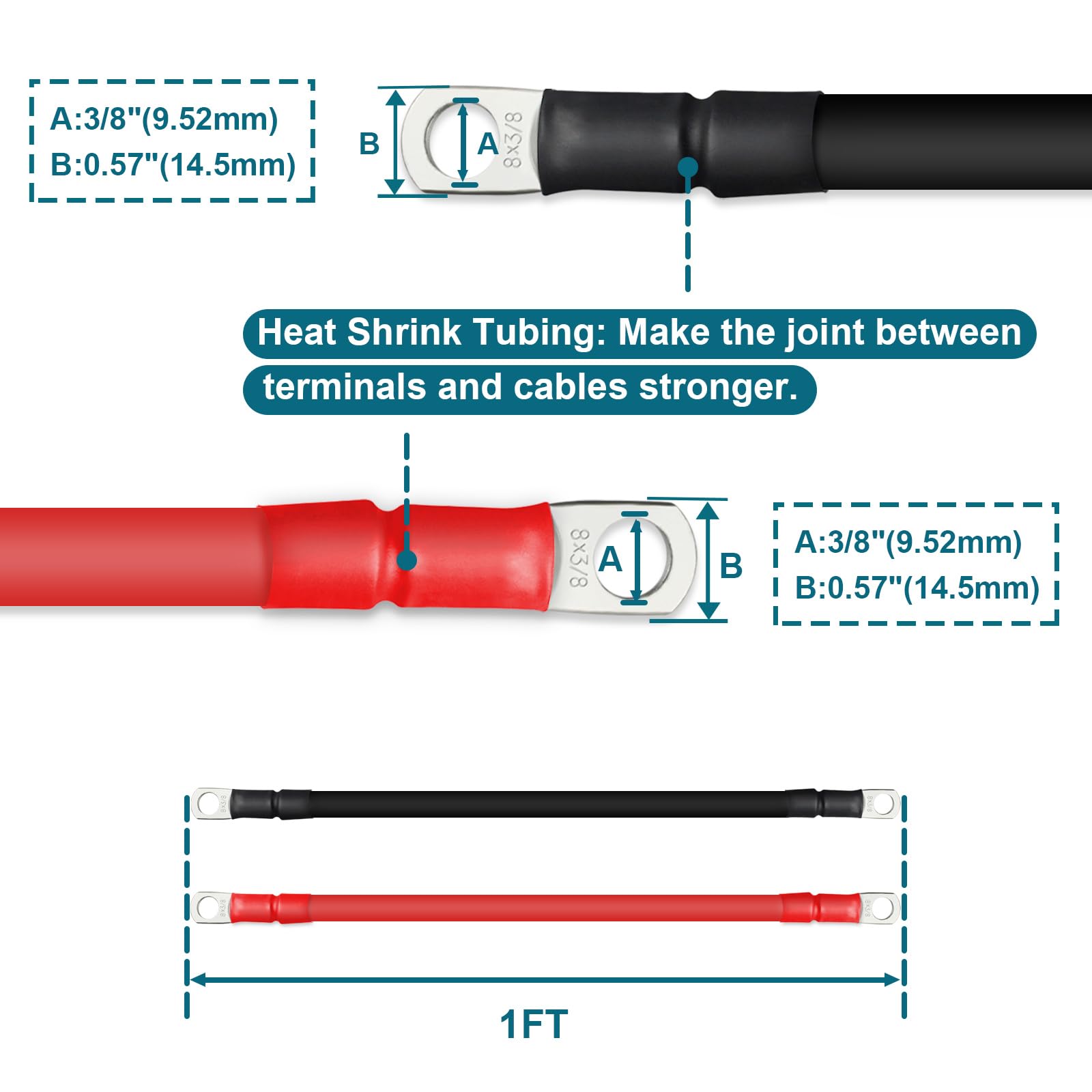 Zonbang 8 Awg Battery Cable With 3/8 Inch Terminals, Copper Battery Inverter Cables For Car Rv Automotive Solar, 1Ft(2 Pack)