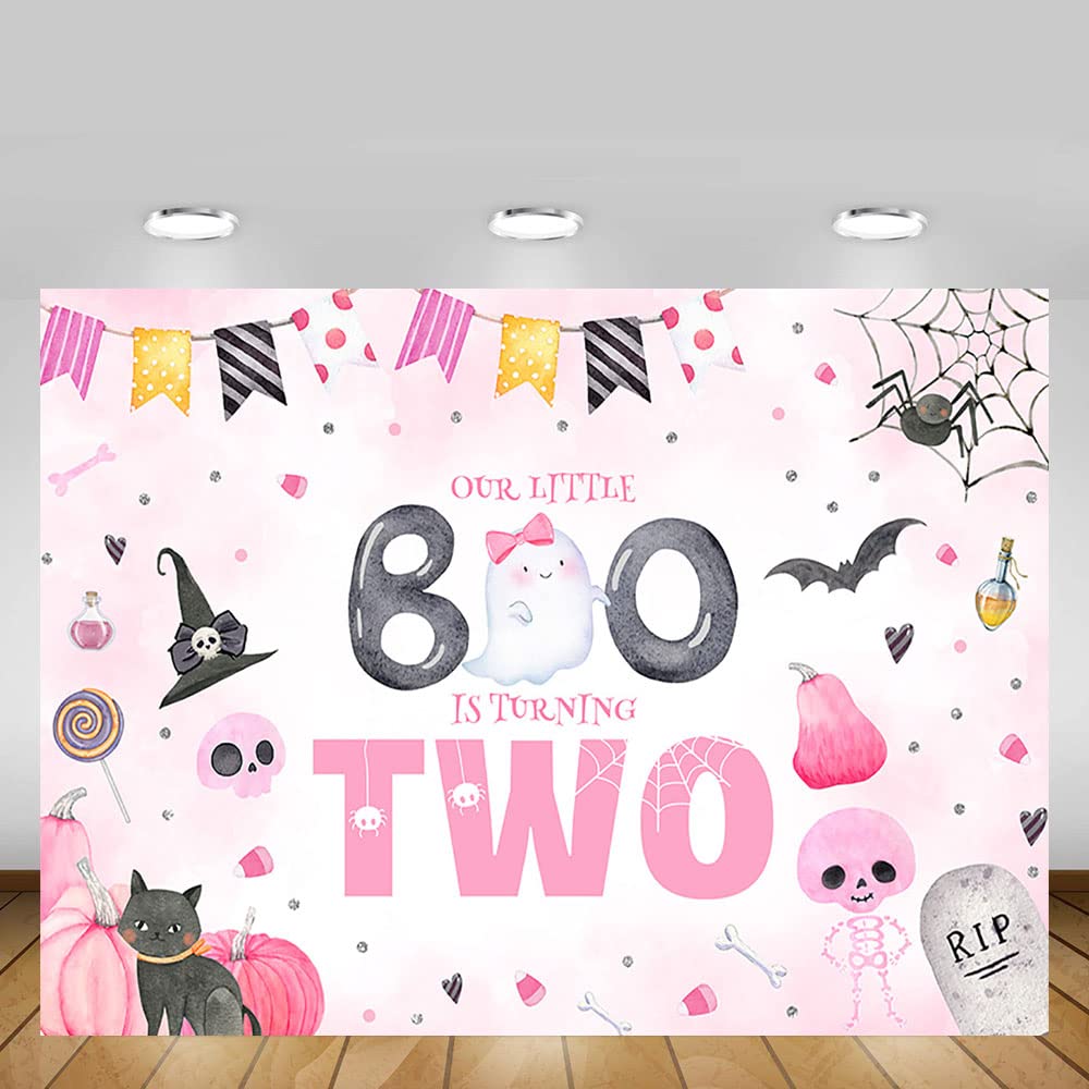 Mehofond 7X5Ft Halloween Pastel Little Boo Party Backdrop For Girl Pink Pumpkin Ghost Bat Background 2Nd Birthday Decorations Ou