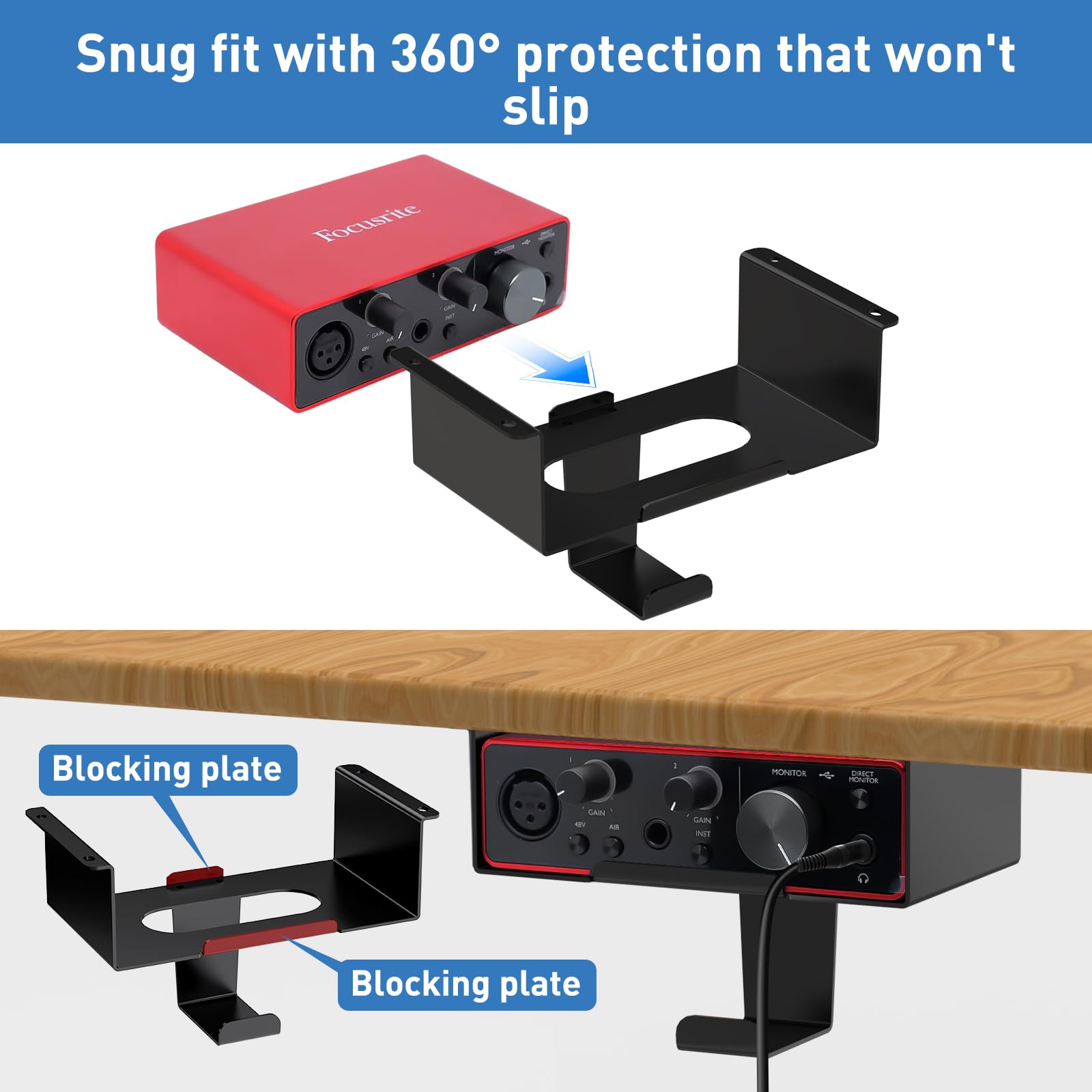 Fsniweko Under Desk Mount For Focusrite Scarlett Solo 3Rd Gen/Solo 4Th Gen With Headphone Hanger Stand,Under Desk Metal Shelf Or