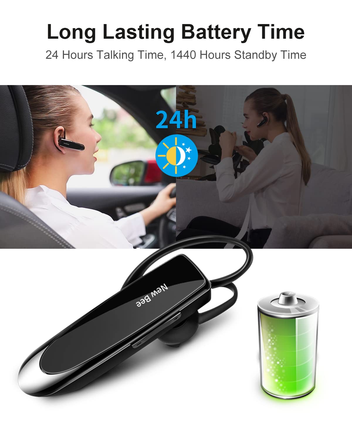 New bee Bluetooth Earpiece V5.0 Wireless Headset with Microphone, 24 Hrs, 60 Days Standby, Black, Model B41, for iPhone/Android/Samsung