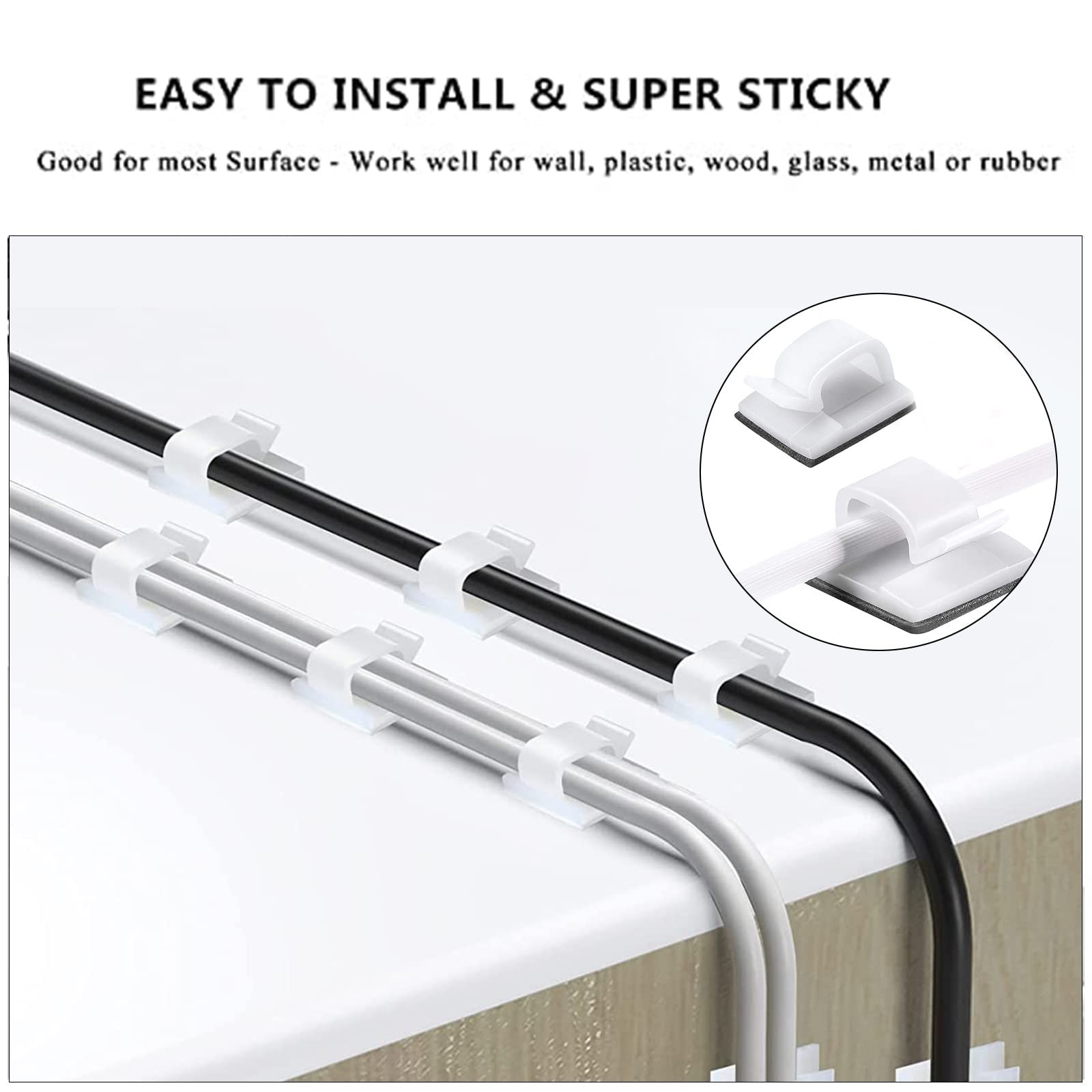Cord Management Organizer Kit 2 Cable Sleeve Split With 41Self Adhesive Cable Clips Holder, 10Pcs And 2 Roll Self Adhesive Tie A