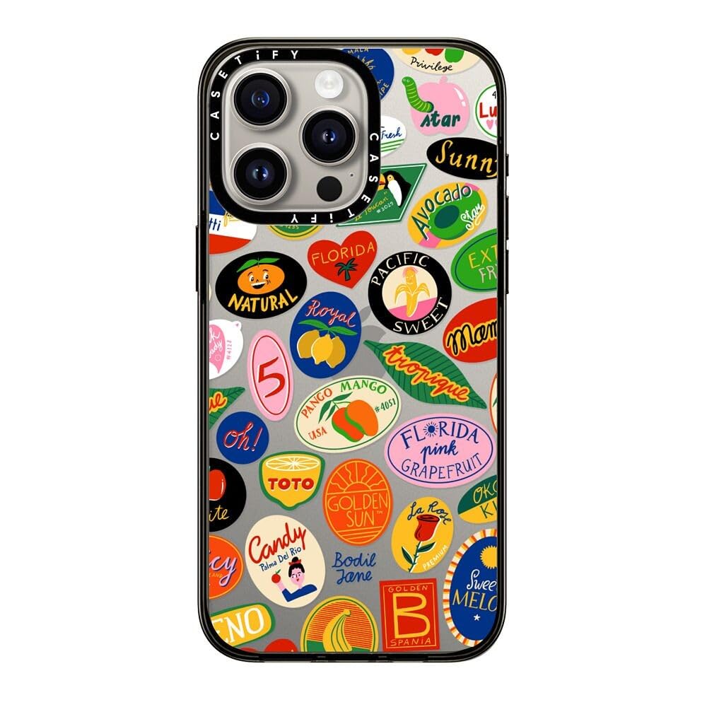 Casetify Compact Case For Iphone 15 Pro Max [2X Military Grade Drop Tested / 4Ft Drop Protection]   Fruit Stickers   Clear Black