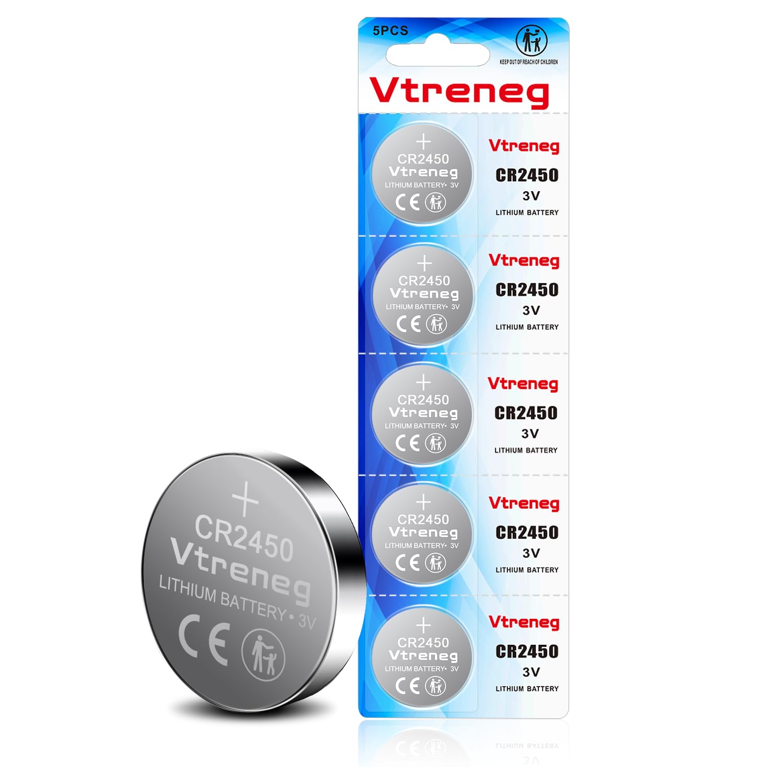 Vtreneg CR2450 Battery 5 Pack, High Capacity CR2450 3V Lithium Coin Cell Battery, Child Safety Package, Compatible with Key Fob,