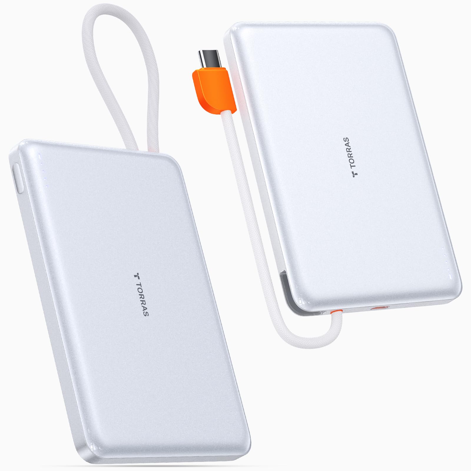 TORRAS Power Bank with Built-in USB-C Cable (No-Wireless), Ultra-Slim 10,000mAh Portable Charger USB C, 22.5W Fast Charging Batt