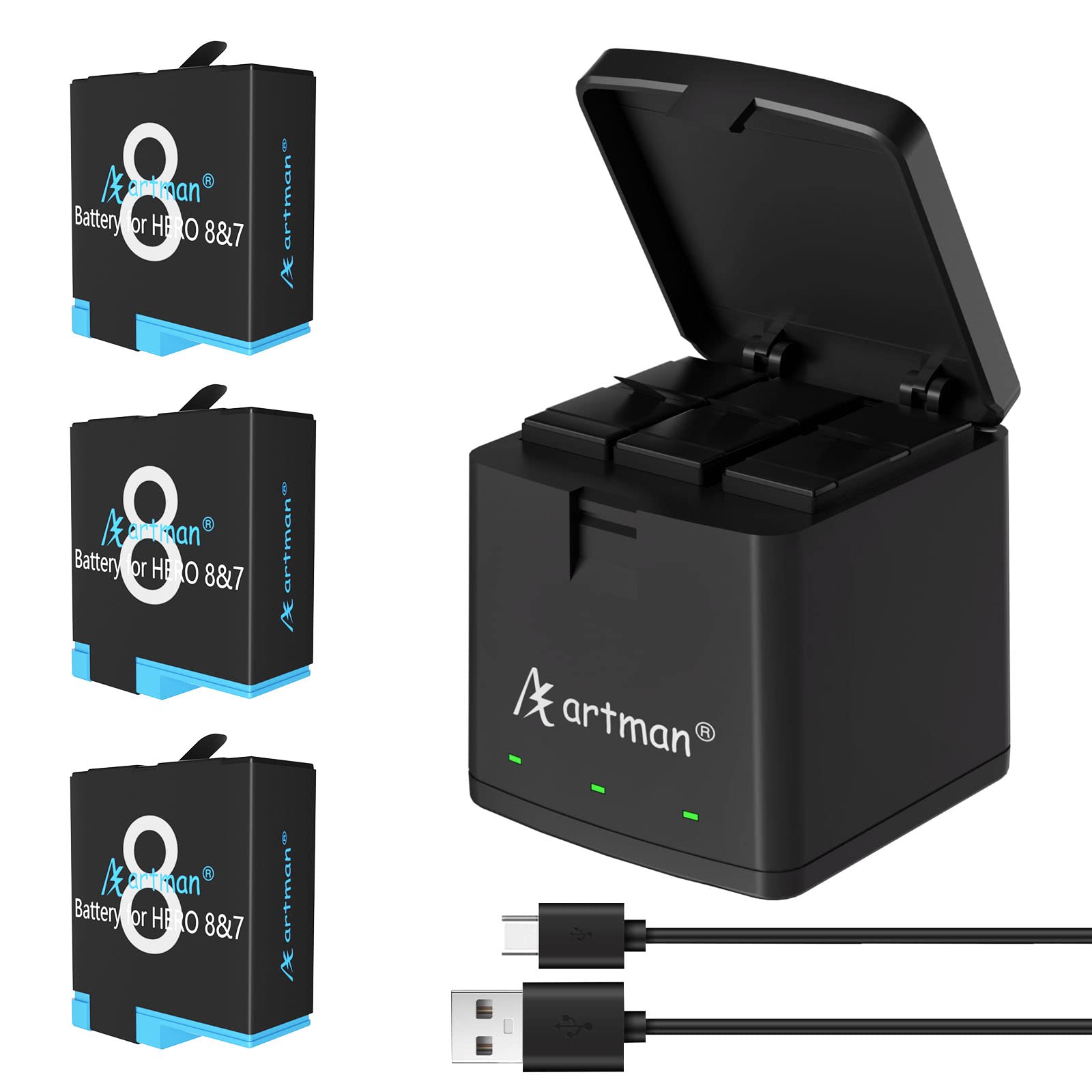 Artman Battery 1500Mah(3Xpack) And 3 Channel Led Usb Storage Charger For Gopro Hero 8 Black,Hero 7 Black,Hero 6/5 Black,Hero 201
