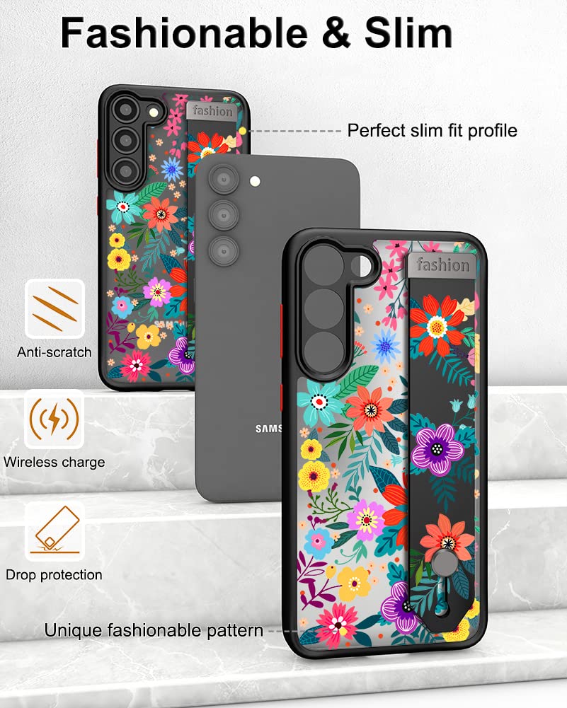 Cisland Cute Samsung Galaxy S23 Case With Strap Stand Finger Kickstand, Cute Case For Women Girly Floral For Girls Aesthetic Coo