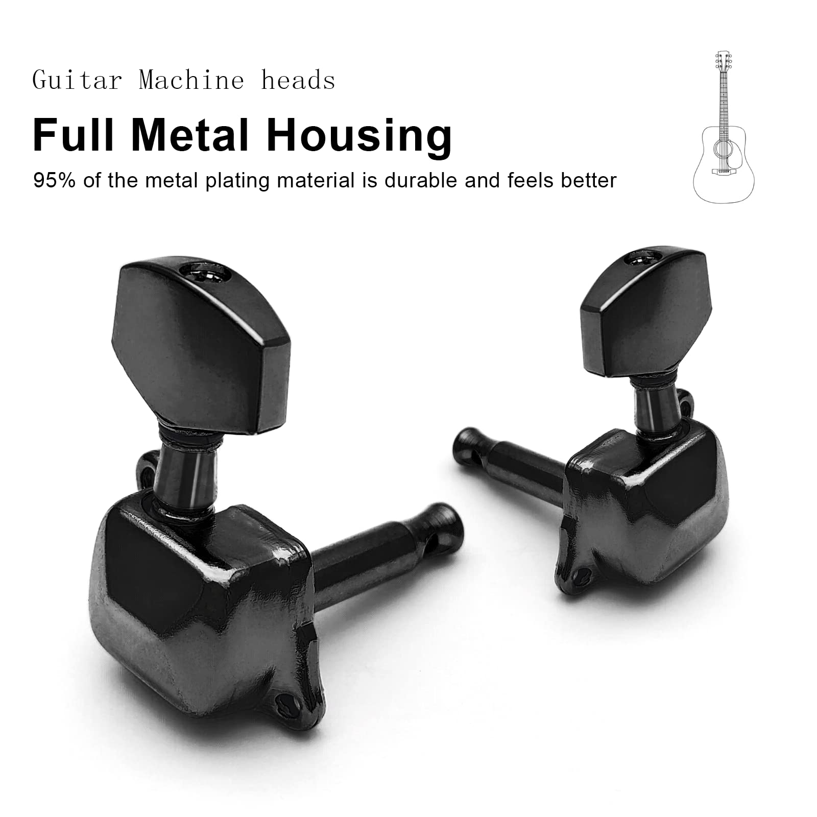 Saphue 3+3 Semi Closed Guitar Tuners String Tuning Pegs Keys Machine Heads Set For For Acoustic Or Electric Guitar (Black)