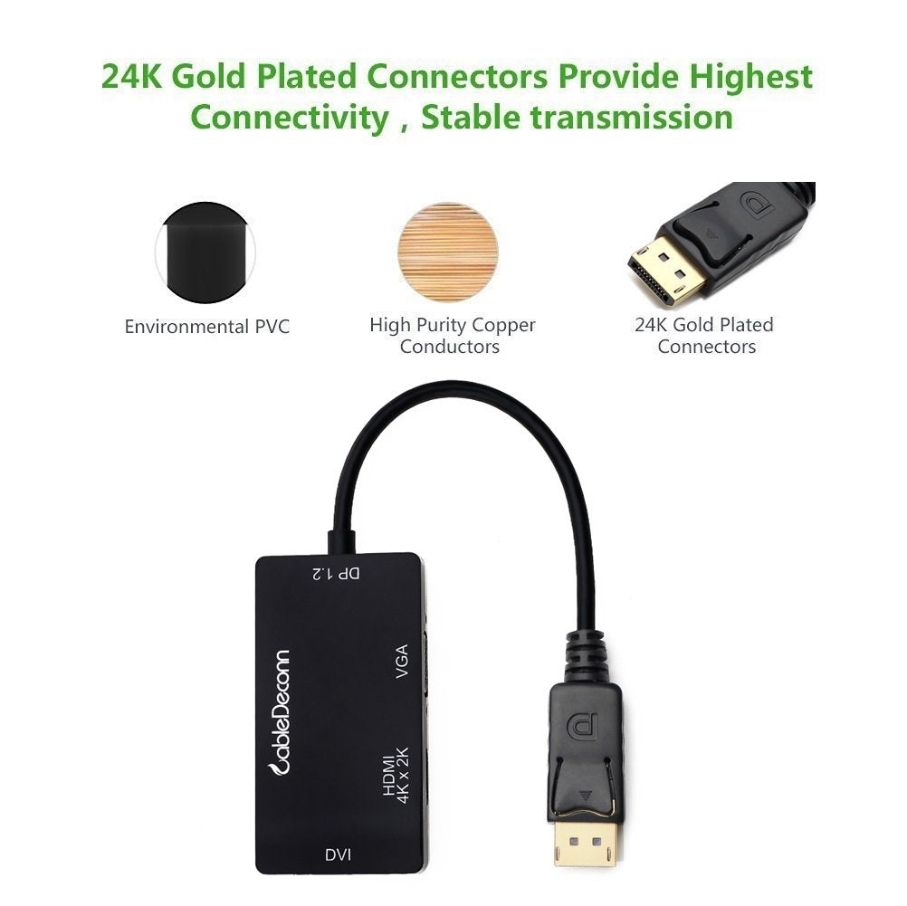 Cabledeconn Displayport 1.2 To Hdmi 4K Dvi Vga 3 In 1 Multi Function Cable Adapter Converter