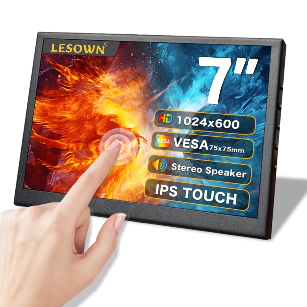 LESOWN 7inch Touch IPS Portable Monitor with Dual Speakers, Audio Jack, 1024x600 Capacitive Touchscreen Metal Case, HDMI USB Com