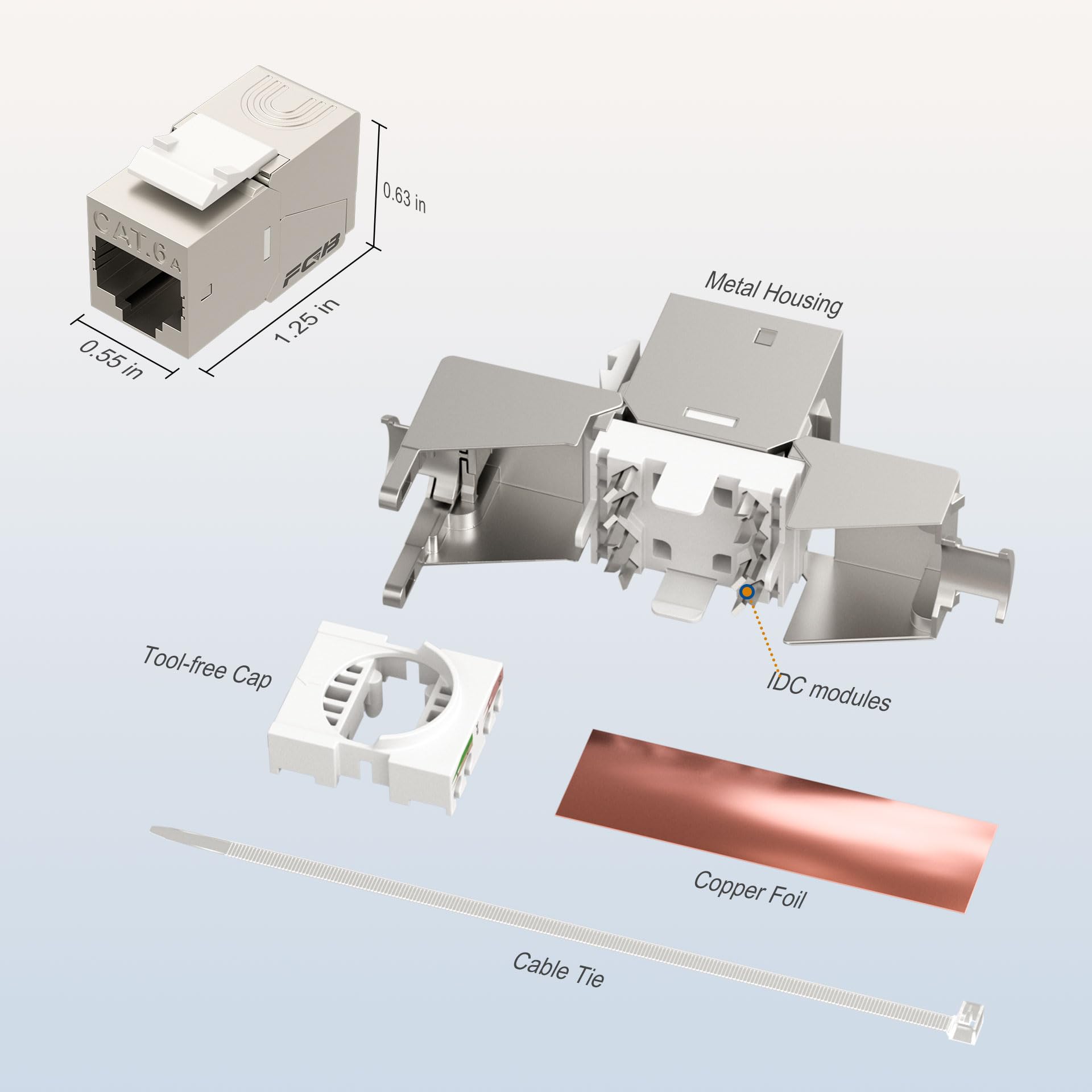 Fgb 10Gbps Cat6A Shielded Keystone Jacks With Integrated Shutter, Toolless Modular Jacks, 12 Pack