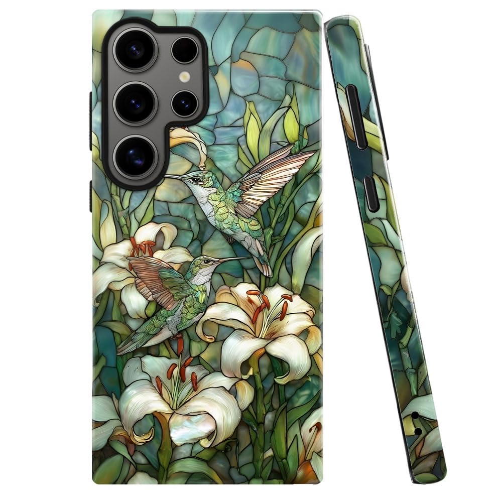 Case for Samsung Galaxy S25 Ultra,Stained Glass Hummingbird Lily Phone Case Military-Grade Drop Protection Cover for Women Girl 