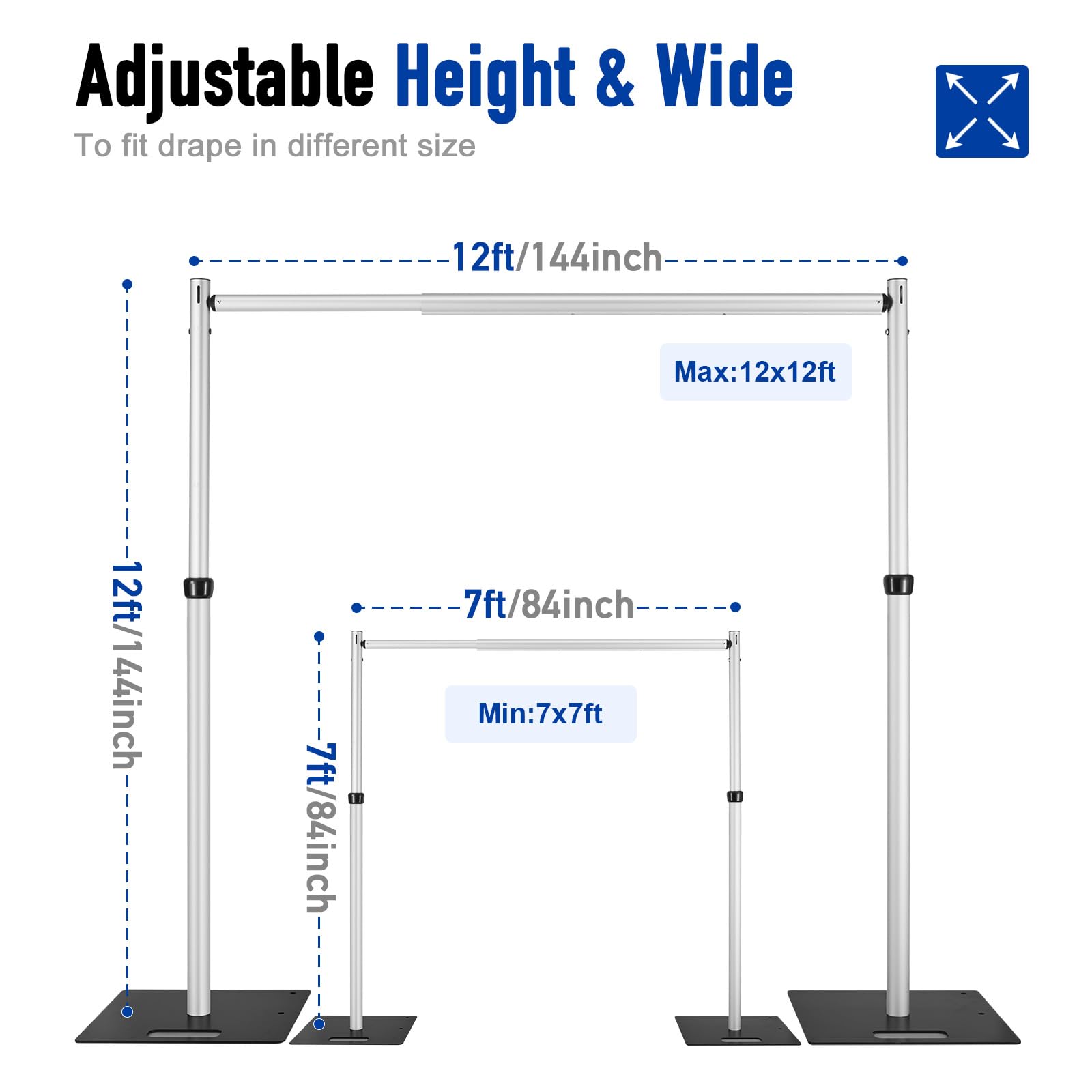 Hecis 12X12Ft Double Crossbar Pipe And Drape Backdrop Stand, 7 12' Tall X 7 12' Wide Adjustable Pipe And Drape Stand, Heavy Duty