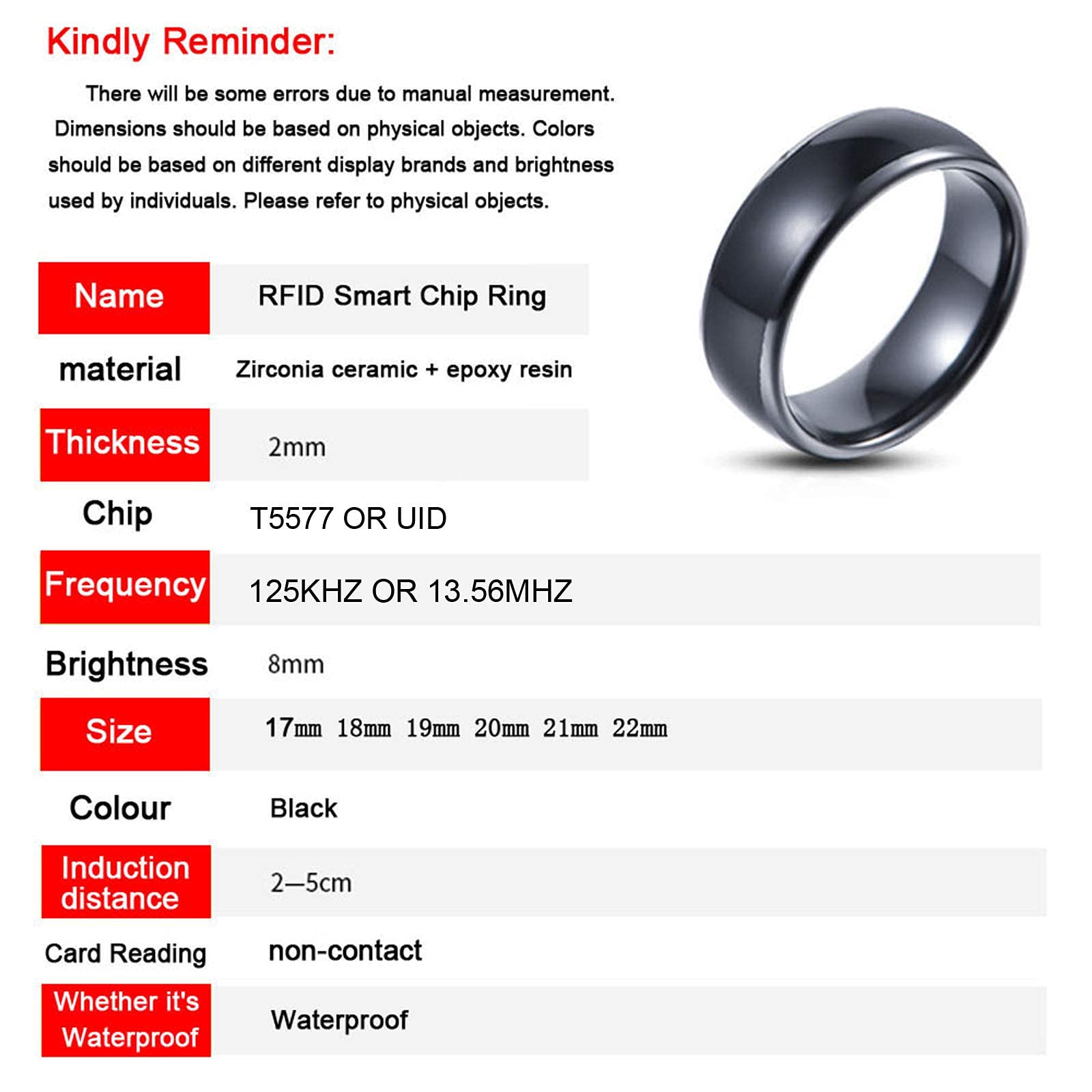 Hecere T5577 Or Uid Chip Rfid Black Ceramics Smart Finger Rewrite Ring 125Khz/13.56Mhz Wear For Men Or Women(Uid 13.56Mhz-17Mm)