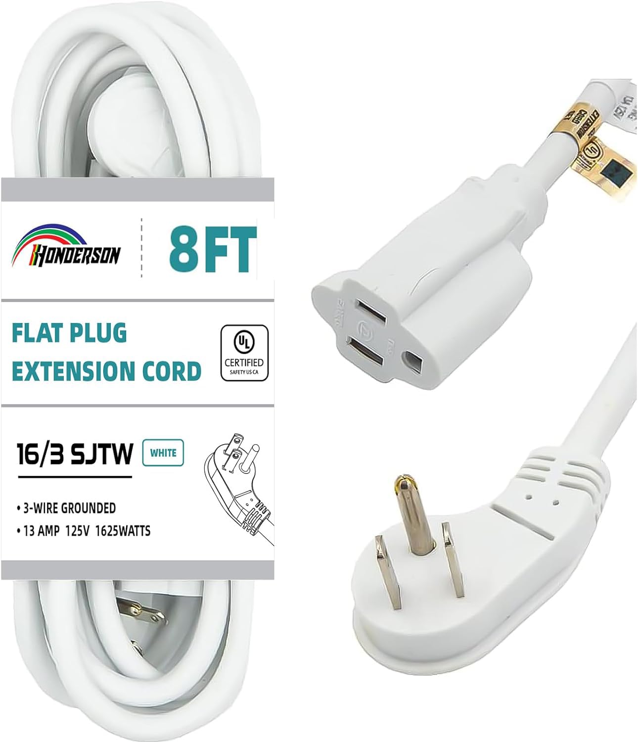 Honderson Flat Plug Indoor Extension Cord, Ul Listed, 16 Gauge 8Ft White 3 Prong Heavy Duty Extension Cord, 16/3 Sjtw 13A Power