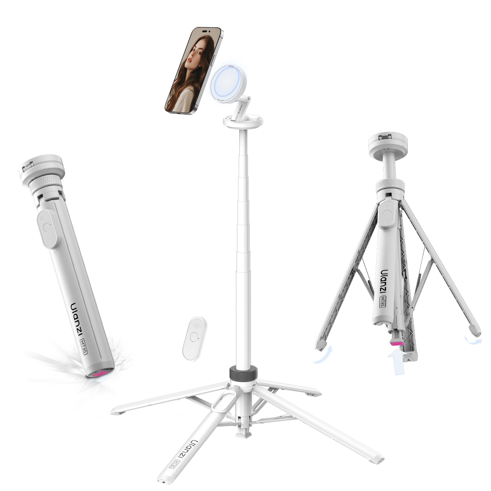 ULANZI Automatic Phone Tripod, MT85 Auto-Open Tripod with Enhanced 4-Leg, 60 Selfie Stick Extendable Phone Stand, for Content 