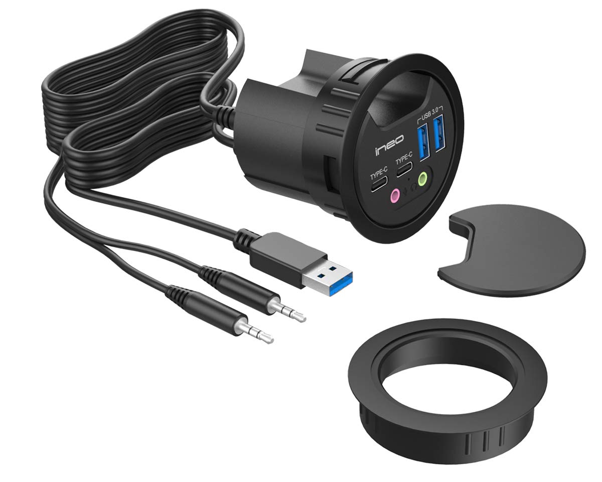Ineo Grommet Desk Fit (Diameter 2.3'' To 2.4'') 2Type A + 2Type C With 3.5Mm Audio Mic Jack + 3.2'' Expandable Case (Power Is No