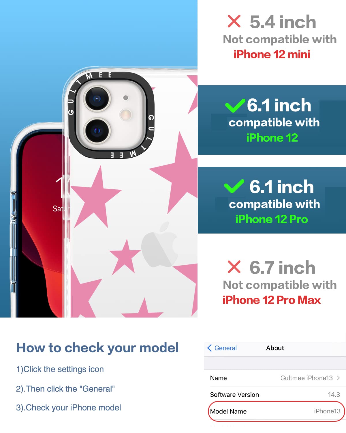 Gultmee For Iphone 12 Case & Iphone 12 Pro Case 6.1Inch With Tempered Glass Screen Protector,Cute Stars Pink Print Slim Design W
