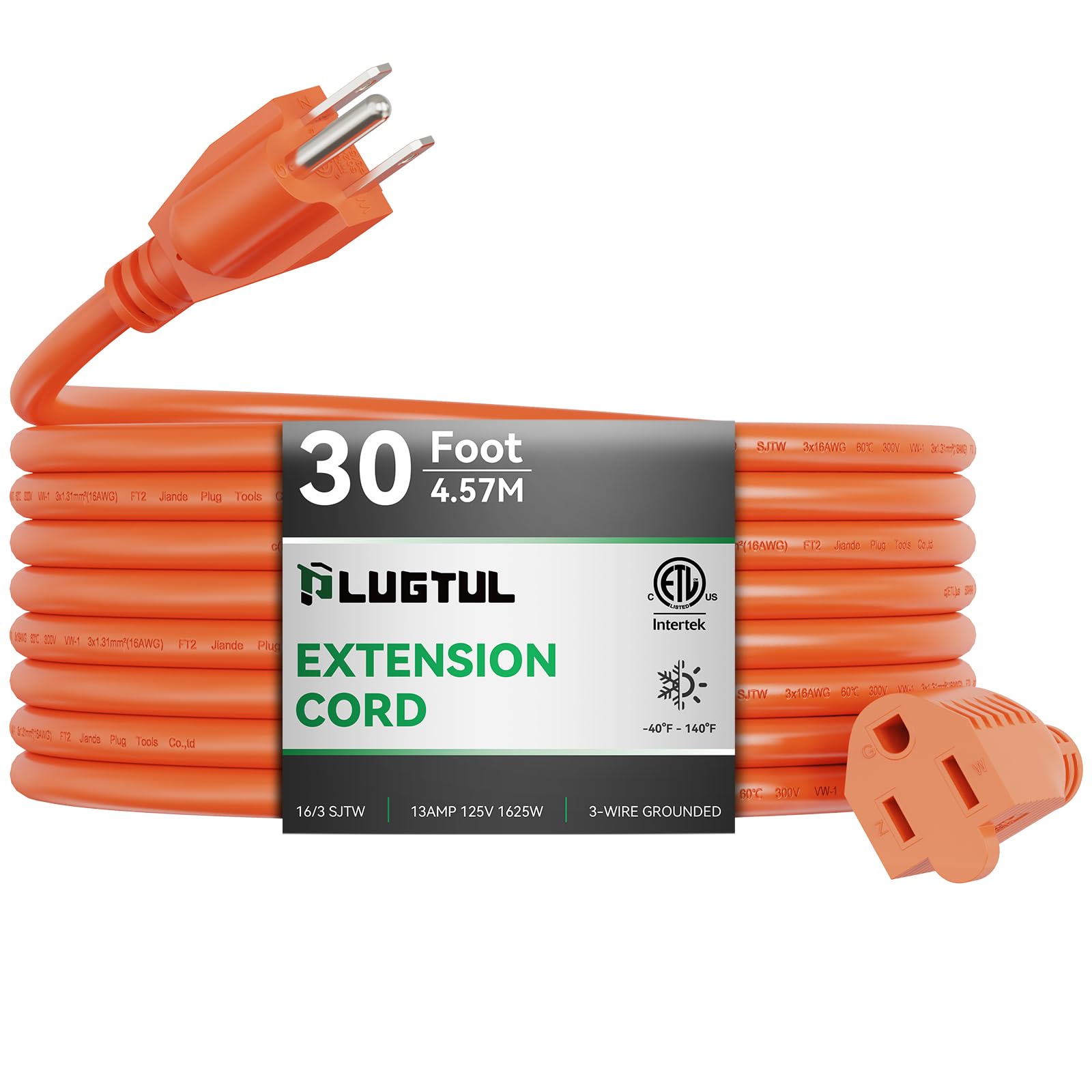 Outdoor Extension Cord 30 Ft Waterproof, 16/3 Gauge Heavy Duty 3 Prong Extension Cord, 13A 1625W Sjtw, Etl Listed, Great For Gar