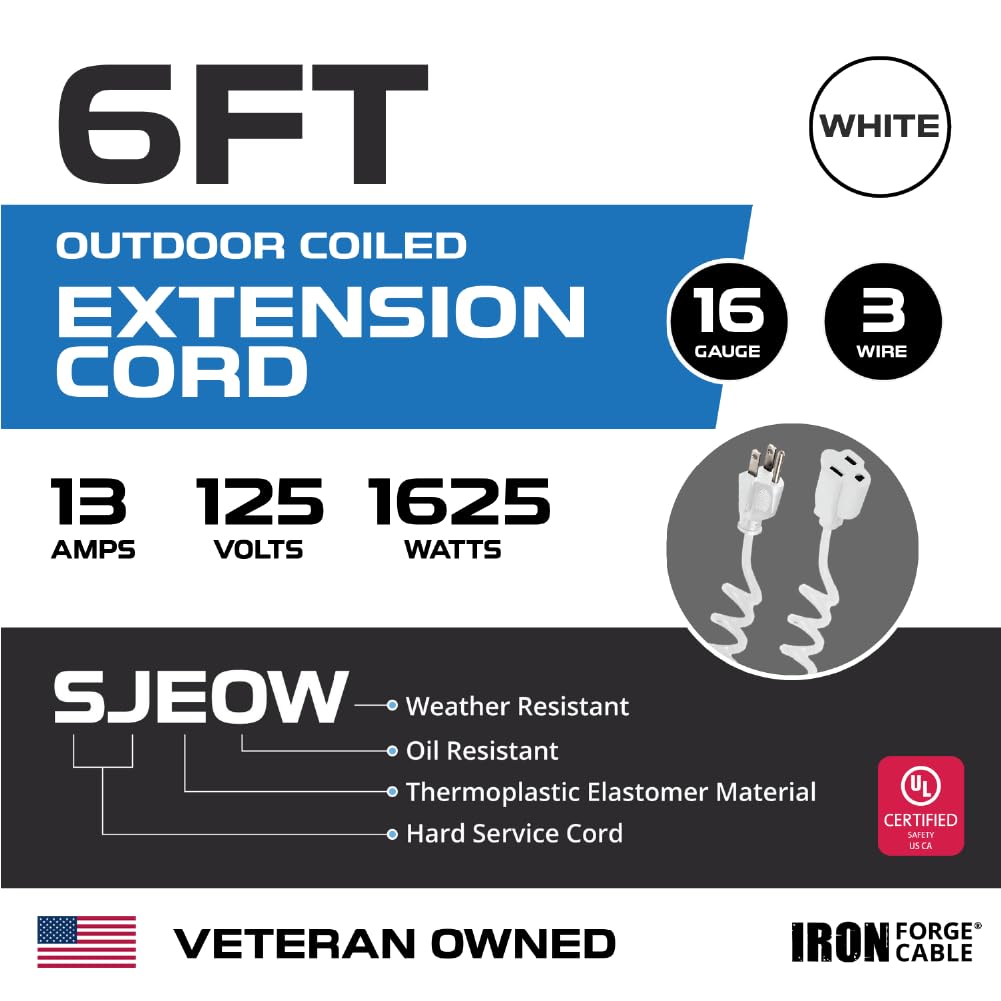 Iron Forge Cable Sjeow White Outdoor Coiled Extension Cord 6 Ft,13 Amp Oil Resistant & Flame Retardant 3 Prong Coiled Electrical
