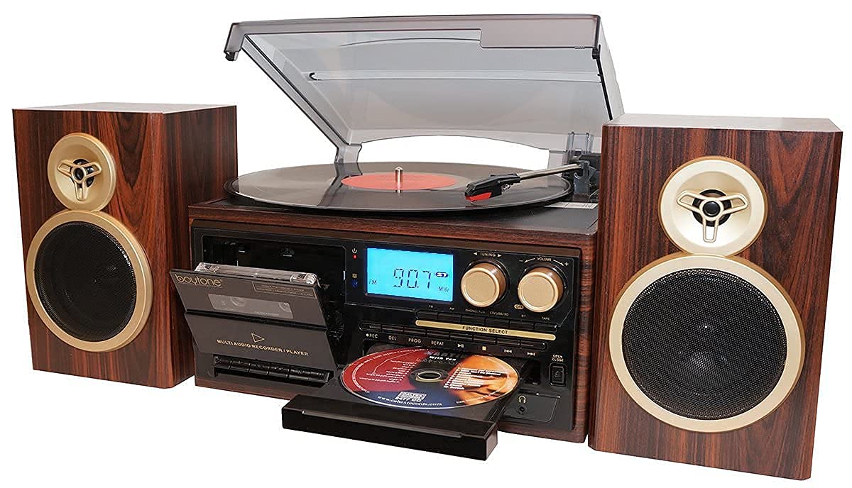 Boytone Bt 28Spm, Bluetooth Classic Style Record Player Turntable With Am/Fm Radio, Cd / Cassette Player, 2 Separate Stereo Spea