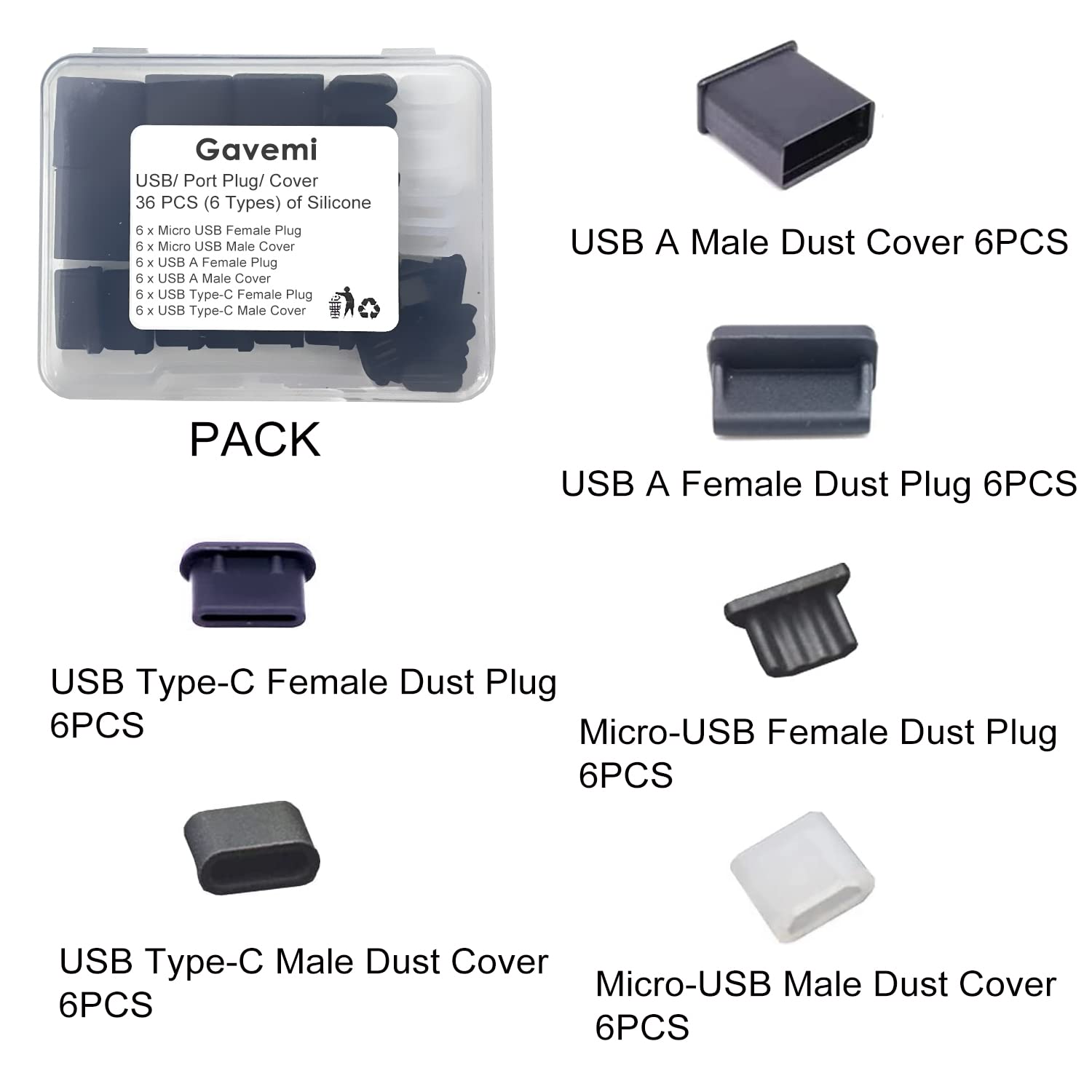 36 Pcs 6 Types Usb Anti Dust Cover Plugs, Silicone Soft Micro Usb Cap Port Protector, Usb Type C Dust Stopper, Anti Dust Cover P