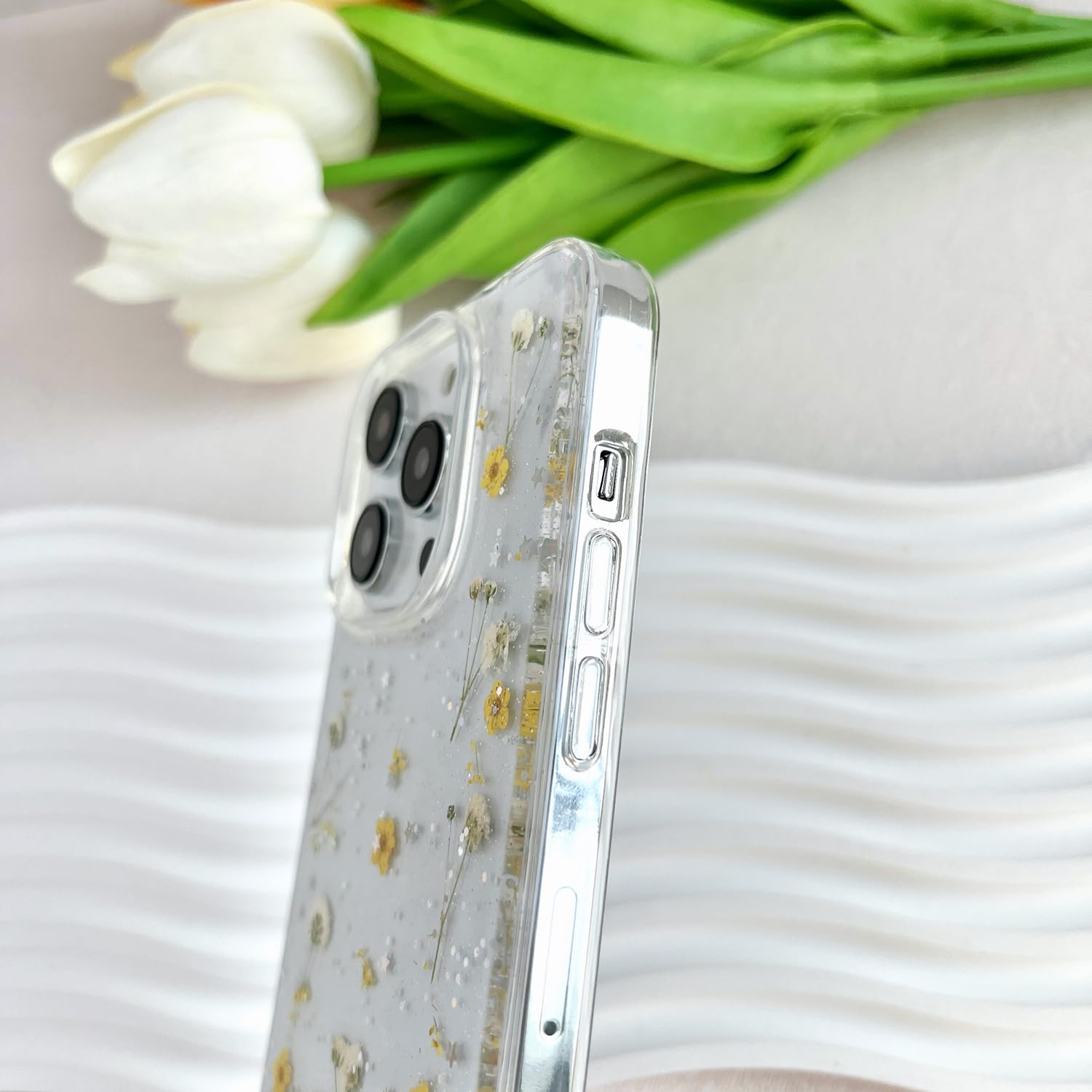 Lseeka For Iphone 14 Pro Max Clear Case With Pressed Real Flowers Design,Glitter Cute Yellow Floral Pattern Slim Soft Tpu Protec