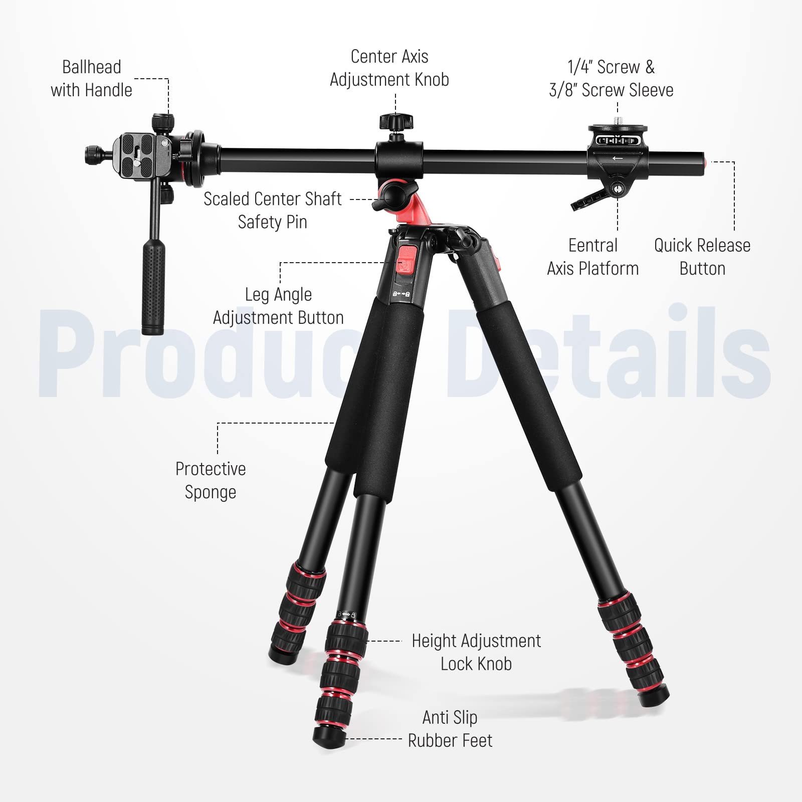 Neewer 73.6'' Horizontal Tripod With Multi Angle Center Column, Ball Head & Central Axis Platform, Heavy Duty Aluminum Camera Tr