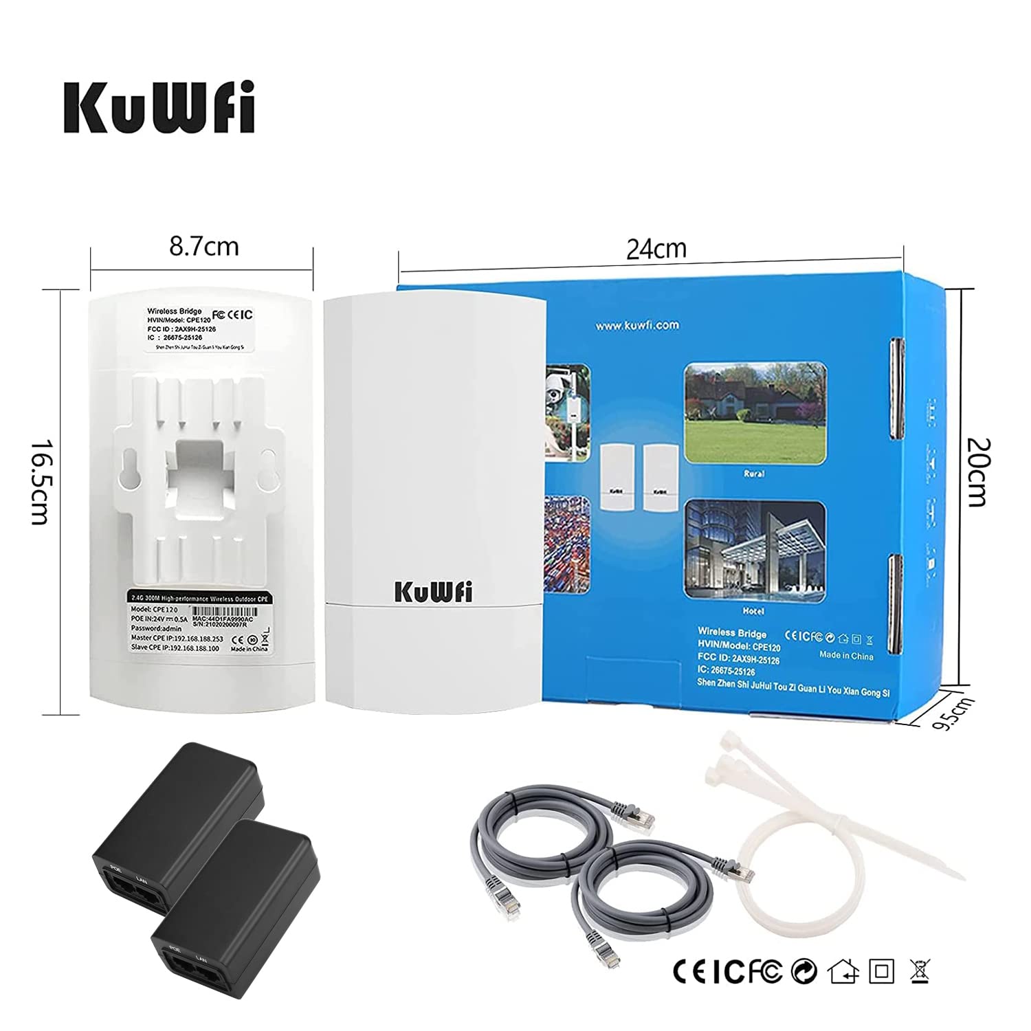 Kuwfi 2 Pack 300Mbps Wireless Bridge, Outdoor Cpe Wifi Kit Point To Point Wireless Access Point 2.4G Internet Bridge 1Km Transmission Distance Solution For Ptp/Ptmp(Pre Program)